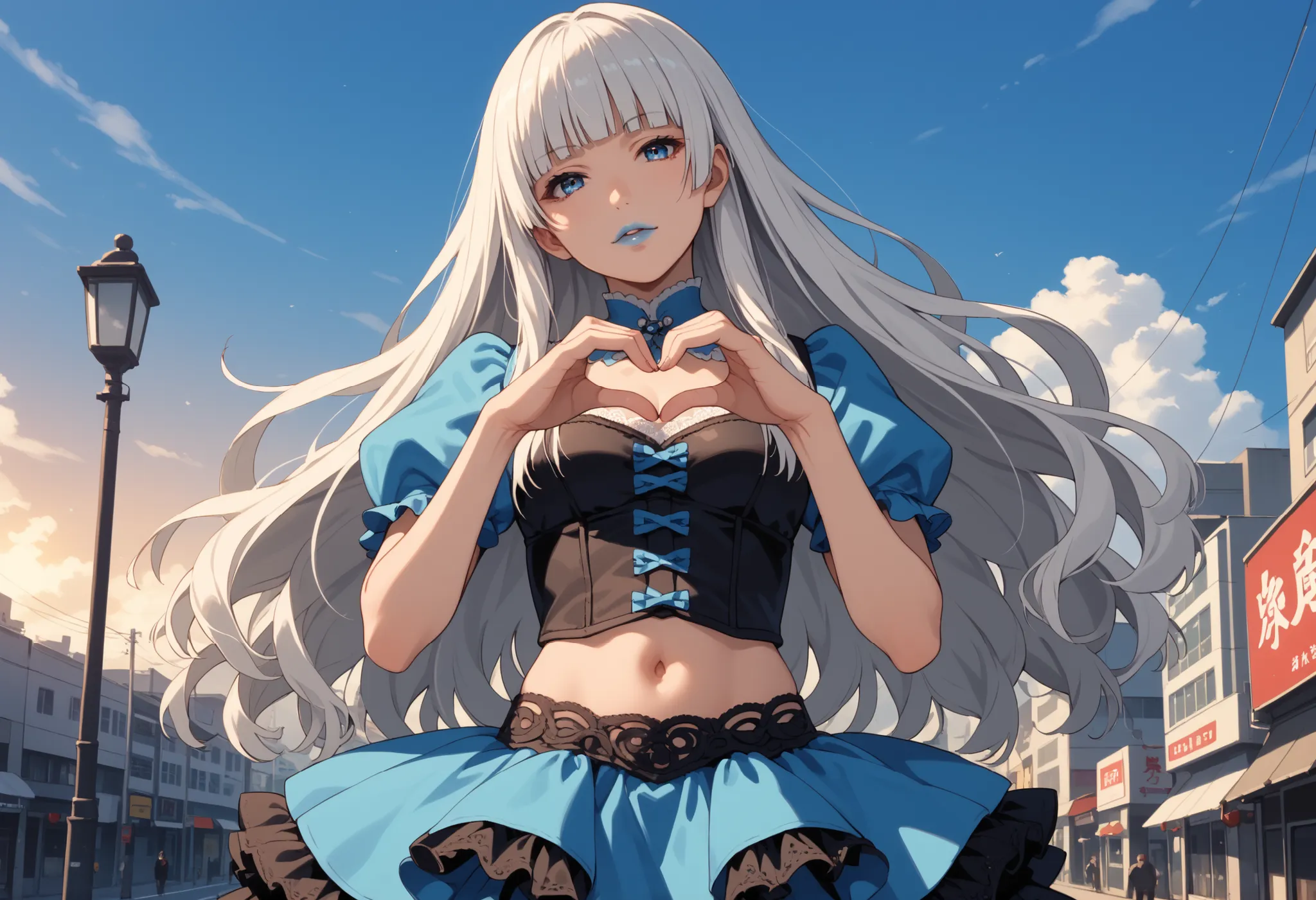 Score_9, score_8_up, score_7_up, score_6_up, source_anime, rating:general, 1girl, kirari momobami, white hair, long flowing hair, hime cut, blunt bangs, blue eyes, Sanpaku eyes, pale skin, round face, cute face, slender build, medium sized breasts, thick t...