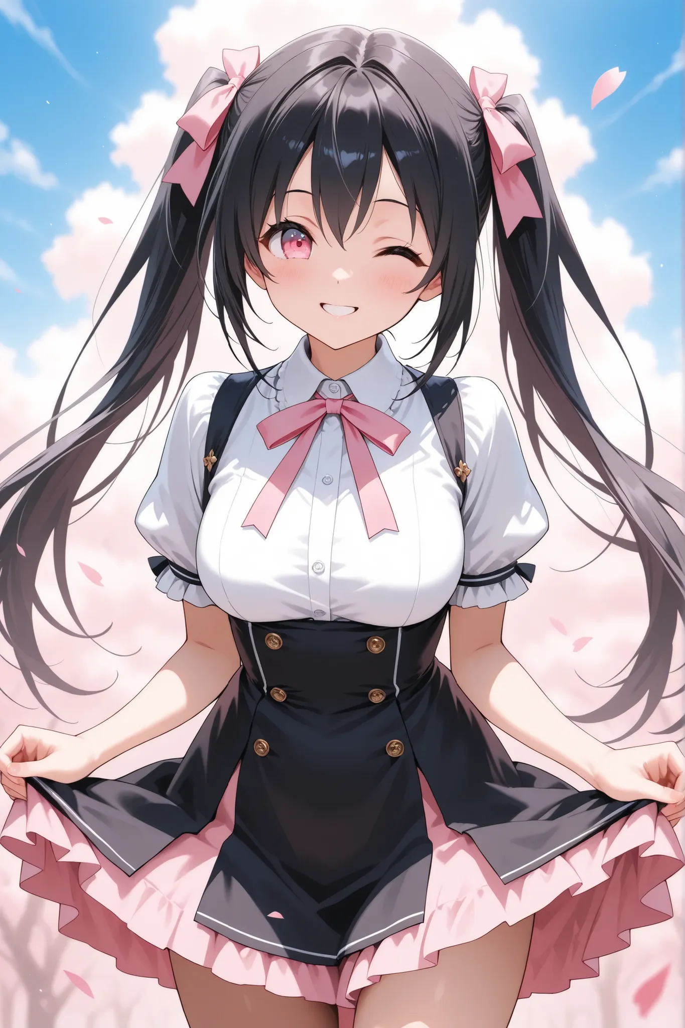 ultra-detailed,8K,illustration,CG,1 cute girl, dark black hair,pink eyes , twin tails,pink ribbon,
,one eye closed,happy smile,
