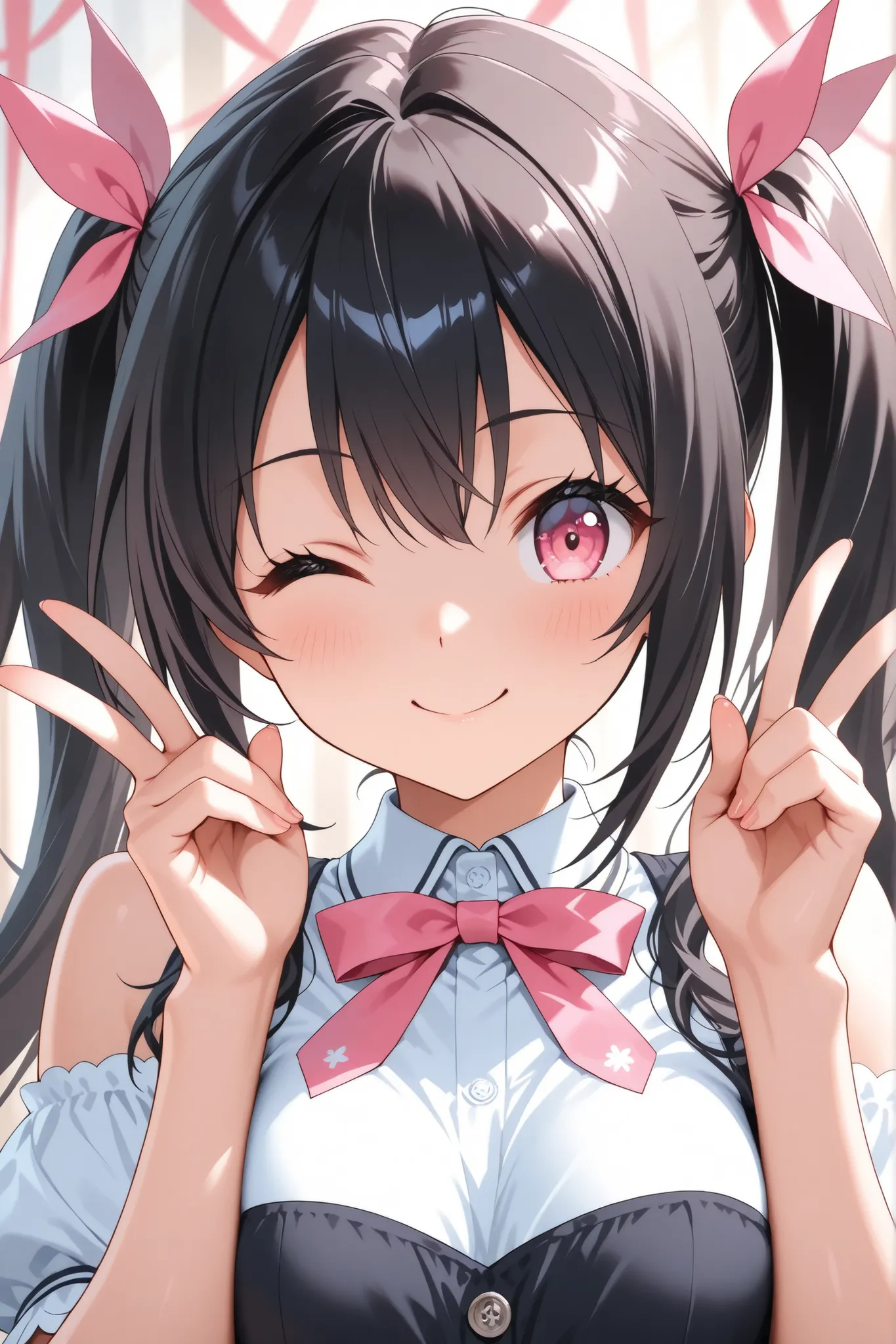 ultra-detailed,8K,illustration,CG,1 cute girl, dark black hair,pink eyes , twin tails,pink ribbon,
,one eye closed,happy smile,upper body