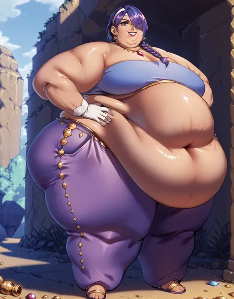 score_9, score_8_up, score_7_up, solo, BREAK, 1girl, full body,
braided ponytail, brown skin, gold accessories, black eyes, earrings, bang, lipstick, purple caplet, hair over eye, white headband with jewel, purple harem pants, white gloves, blue bikini, st...