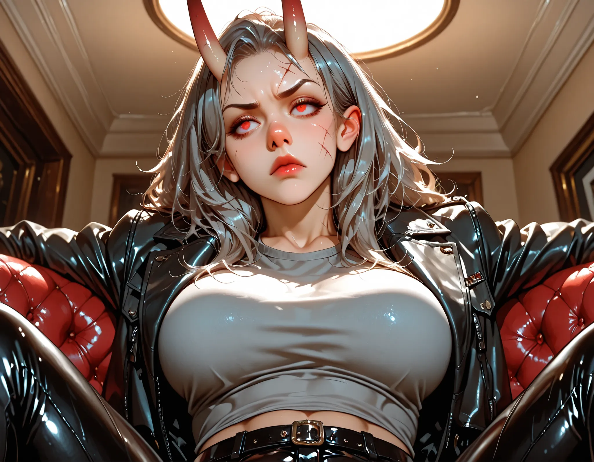 living_room_interior, worn_leather_textures, (1girl), (oni_horns), (facial_scars), long_messy_hair, grey_hair, red_eyes, muscular_female, large_breasts, tired_eyes, (tired_expression), (sitting_on_couch), upper_body, low_angle, looking_away, grey_tank_top,...