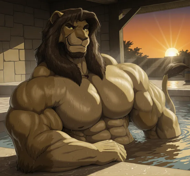 ((masterpiece)), Alone, 

anthropomorphic humanoid beast. Male, the lion, mature ((adult)), 
very muscular body. dad body, Abs, Big biceps, big and strong pecs. Lion tail, detailed face, with a Whiskers, detailed brown eyes, white sclera, 
naked, 

bedroom...