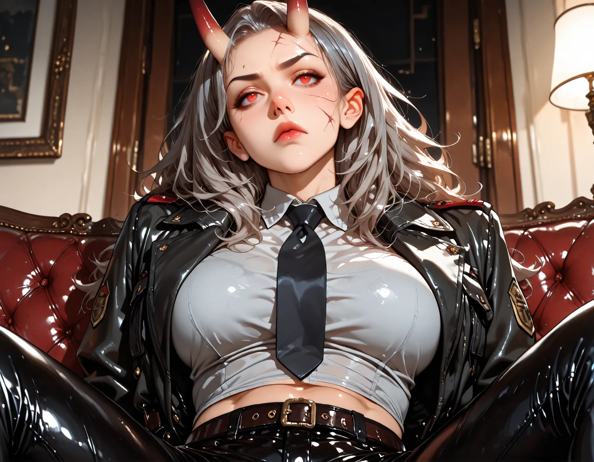 living_room_interior, worn_leather_textures, (1girl), (oni_horns), (facial_scars), long_messy_hair, grey_hair, red_eyes, muscular_female, large_breasts, tired_eyes, (tired_expression), (sitting_on_couch), upper_body, low_angle, looking_away, grey_tank_top,...