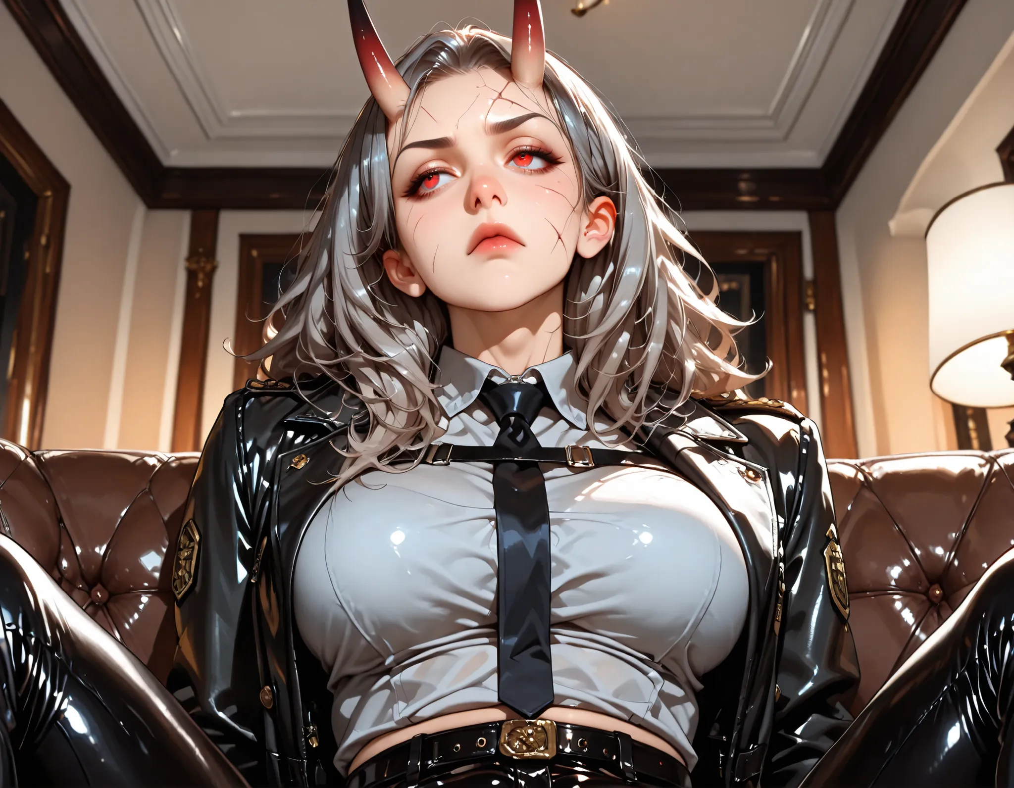 living_room_interior, worn_leather_textures, (1girl), (oni_horns), (facial_scars), long_messy_hair, grey_hair, red_eyes, muscular_female, large_breasts, tired_eyes, (tired_expression), (sitting_on_couch), upper_body, low_angle, looking_away, grey_tank_top,...