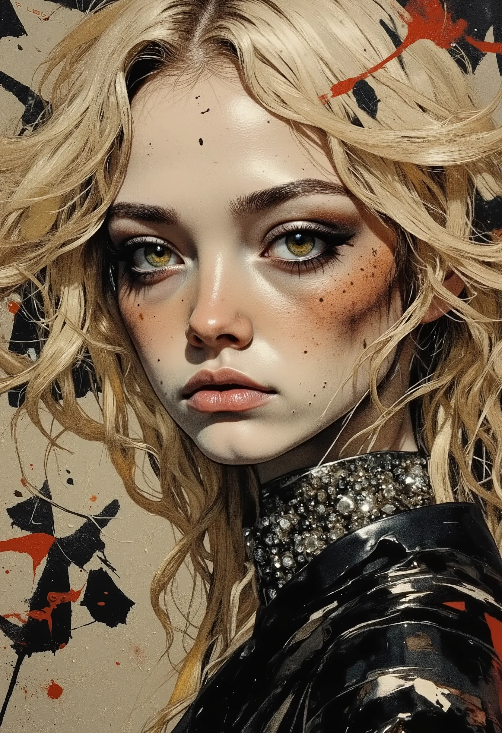 photo from side of a Woman with dark, smudged, dripping eye make-up, gothic like and some tiny freckles. she has blond wavy, somewhat messy hair and wears a collar with a silver base and diamonds. she looking at viewer. background suggest a Graffiti wall.