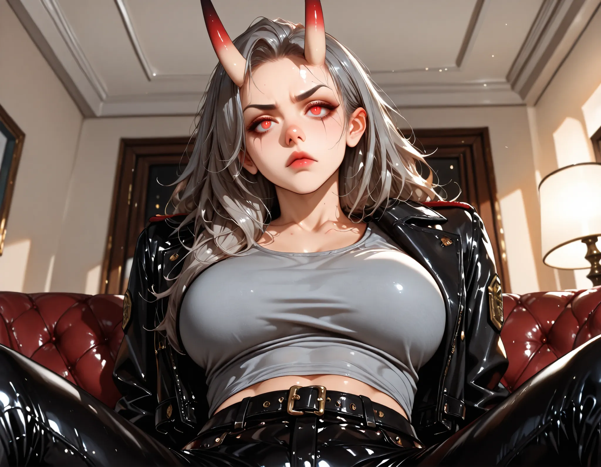 living_room_interior, worn_leather_textures, (1girl), (oni_horns), (facial_scars), long_messy_hair, grey_hair, red_eyes, muscular_female, large_breasts, tired_eyes, (tired_expression), (sitting_on_couch), upper_body, low_angle, looking_away, grey_tank_top,...