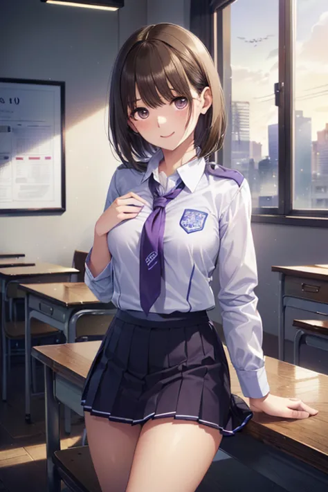 (8k、Highest Quality、masterpiece:1.2)、(realistic、ultra details、Ultra A High Resolution,,Beautiful and detailed face,perfect body,((at night)),perfect lighting,narrow,beautiful and detailed skin,skin texture,(,,Very short hair:1.5),(uniform,Purple, pleated skirt,ties,In my style:1.5), in the classroom,Table Top, ,( masterpiece, best quality, high resolution, ultra high resolution, pixel perfect, depth of field, 4K, RTTX10.0),
、Anegasaki Nene, shiny brown hair, beautiful brown eyes, smiling face, sparkling pupils, (fine grain), , highly detailed face,, (masterpiece:1.2, best quality), ((only1 girl)), ((cowboy shot：1.5))