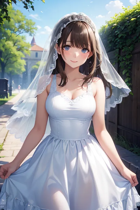 (masterpiece, Best Quality, beautiful and aesthetic:1.3), watch viewers, 1 girl, solo, light smile, (makeup, long hair, light brown hair, blue eyes:1.2), octane rendering, wedding veil,  LACE DRESS , transparent, wedding dress, Outdoors, White Rose, garden, , standing, Very Detailed, , ,( masterpiece, best quality, high resolution, ultra high resolution, pixel perfect, depth of field, 4K, RTTX10.0),
、Anegasaki Nene, shiny brown hair, beautiful brown eyes, smiling face, sparkling pupils, (fine grain), , highly detailed face,, (masterpiece:1.2, best quality), ((only1 girl)), ((cowboy shot：1.5))