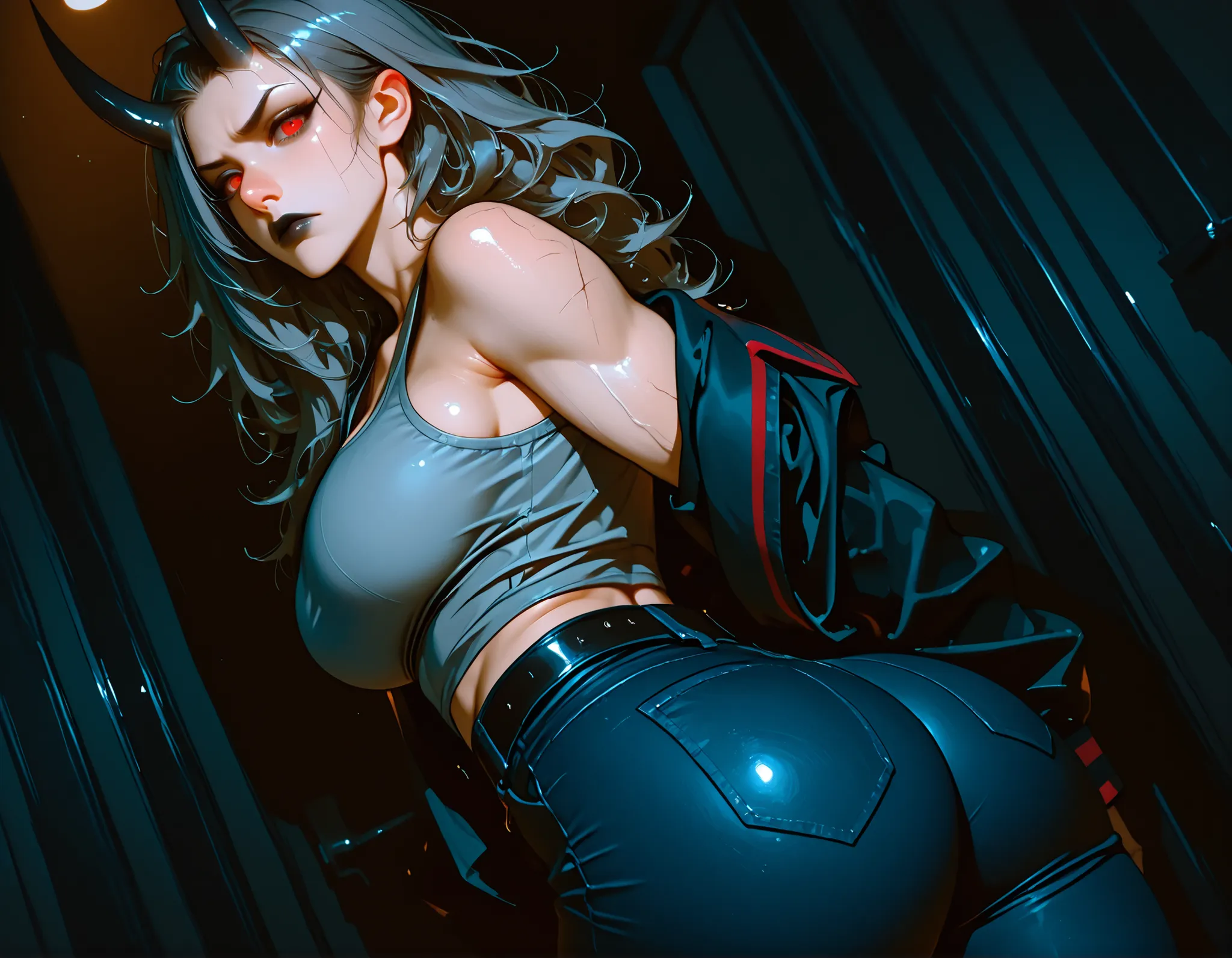 garden, night sky, moody contrast, (dark theme:1.2), 1girl, oni_horns, facial_scar, long_messy_hair, grey_hair, red_eyes, large_breasts, muscular_female, athletic_female, (grey_tank_top), (military_jacket), tight_jeans, over_shoulder, ass_focus, looking_at...