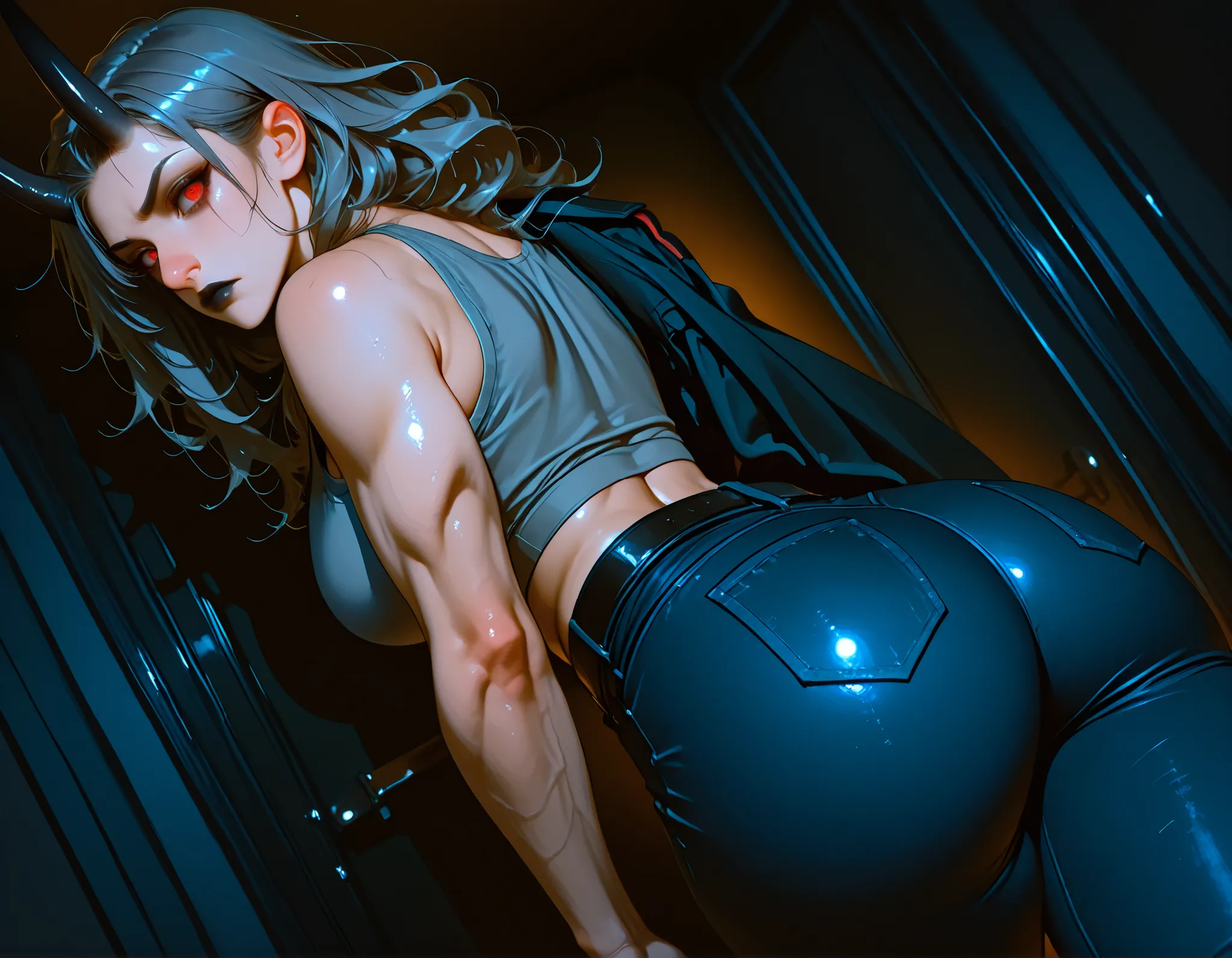 garden, night sky, moody contrast, (dark theme:1.2), 1girl, oni_horns, facial_scar, long_messy_hair, grey_hair, red_eyes, large_breasts, muscular_female, athletic_female, (grey_tank_top), (military_jacket), tight_jeans, over_shoulder, ass_focus, looking_at...