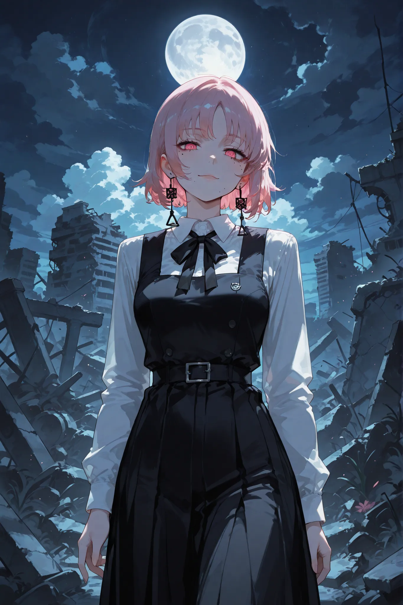  1girl, fami, multiple moles, mole under eye, mole under mouth, pink hair, pink eyes, ringed eyes, school uniform, black dress, pinafore dress, long dress, white shirt, black ribbon, neck ribbon, long sleeves, tassel earrings, standing, outdoors, ruins, ni...