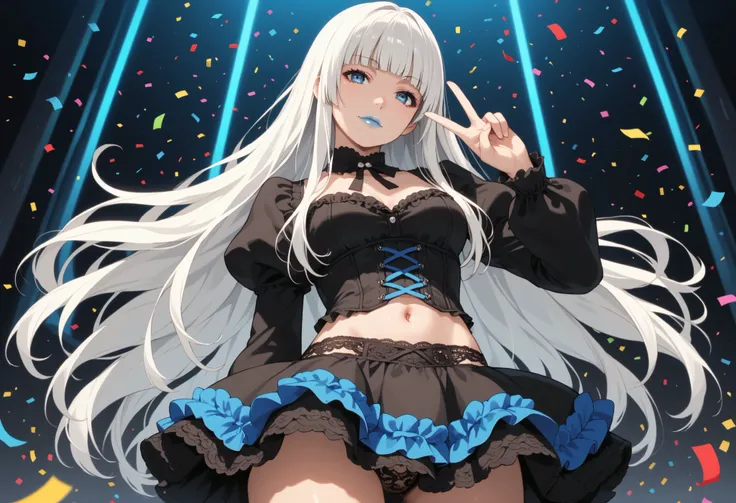 Score_9, score_8_up, score_7_up, score_6_up, source_anime, rating:general, 1girl, kirari momobami, white hair, long flowing hair, hime cut, blunt bangs, blue eyes, Sanpaku eyes, pale skin, round face, cute face, slender build, medium sized breasts, thick t...