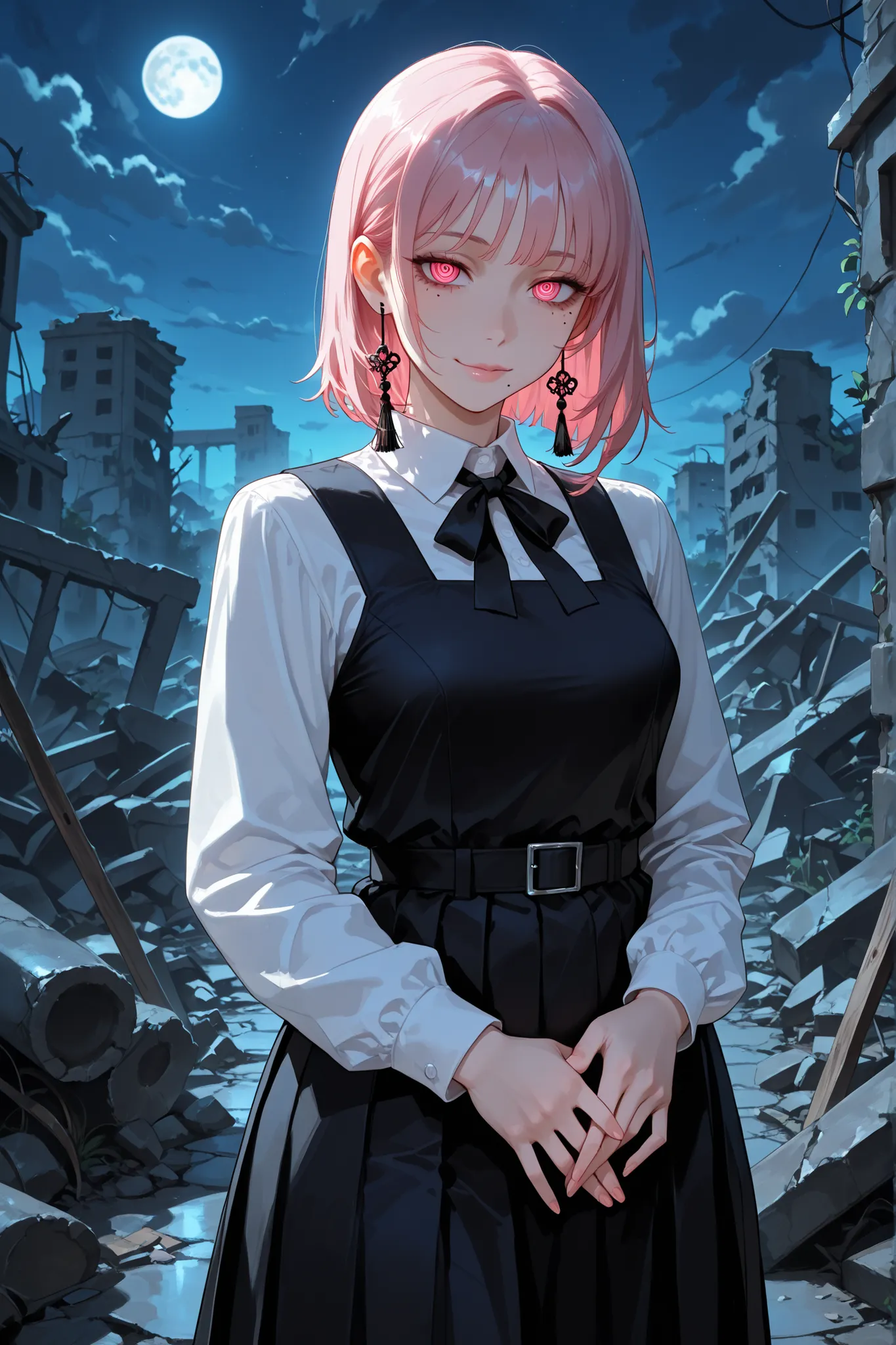  1girl, fami, multiple moles, mole under eye, mole under mouth, pink hair, pink eyes, ringed eyes, school uniform, black dress, pinafore dress, long dress, white shirt, black ribbon, neck ribbon, long sleeves, tassel earrings, standing, outdoors, ruins, ni...