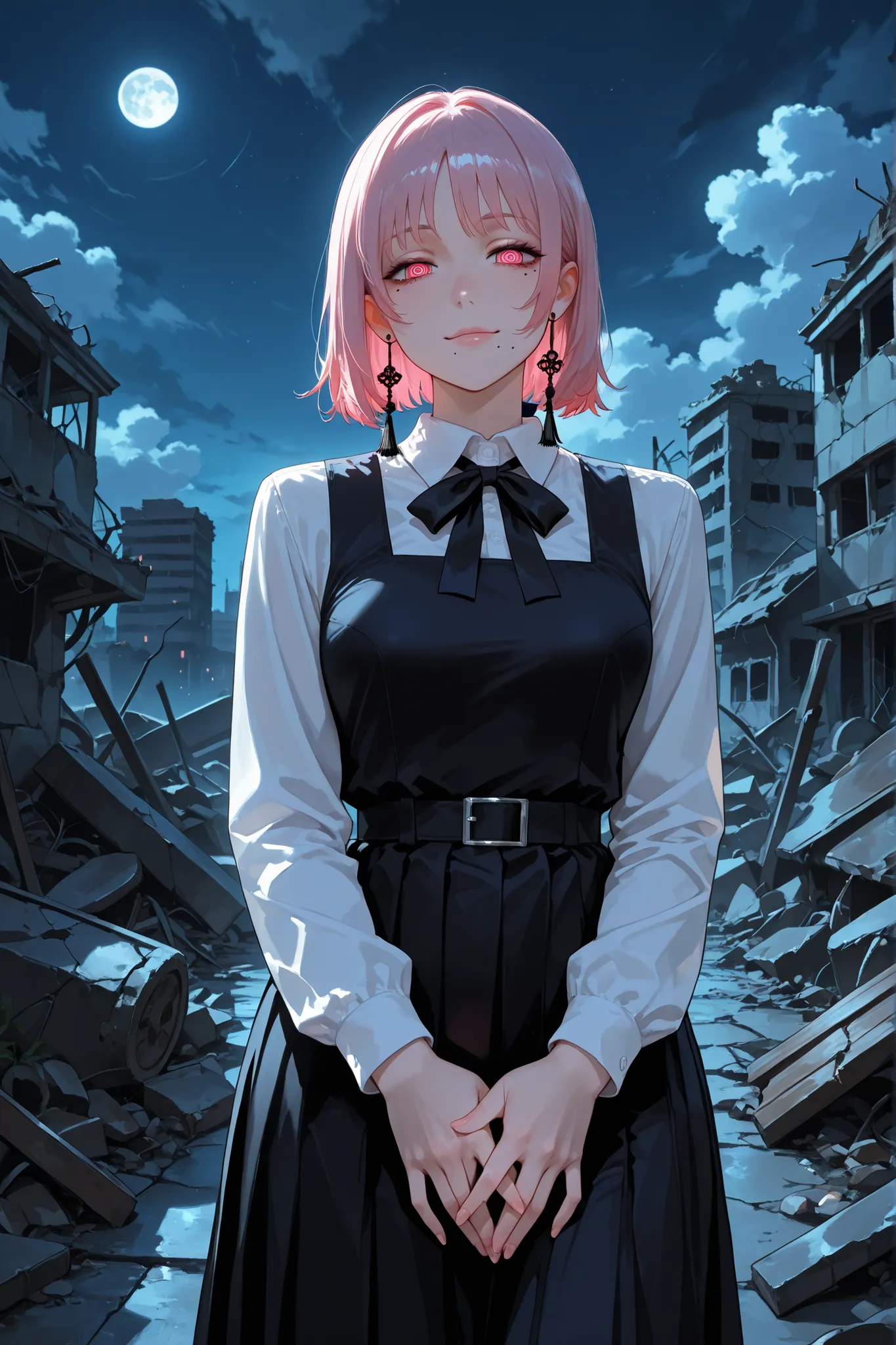  1girl, fami, multiple moles, mole under eye, mole under mouth, pink hair, pink eyes, ringed eyes, school uniform, black dress, pinafore dress, long dress, white shirt, black ribbon, neck ribbon, long sleeves, tassel earrings, standing, outdoors, ruins, ni...