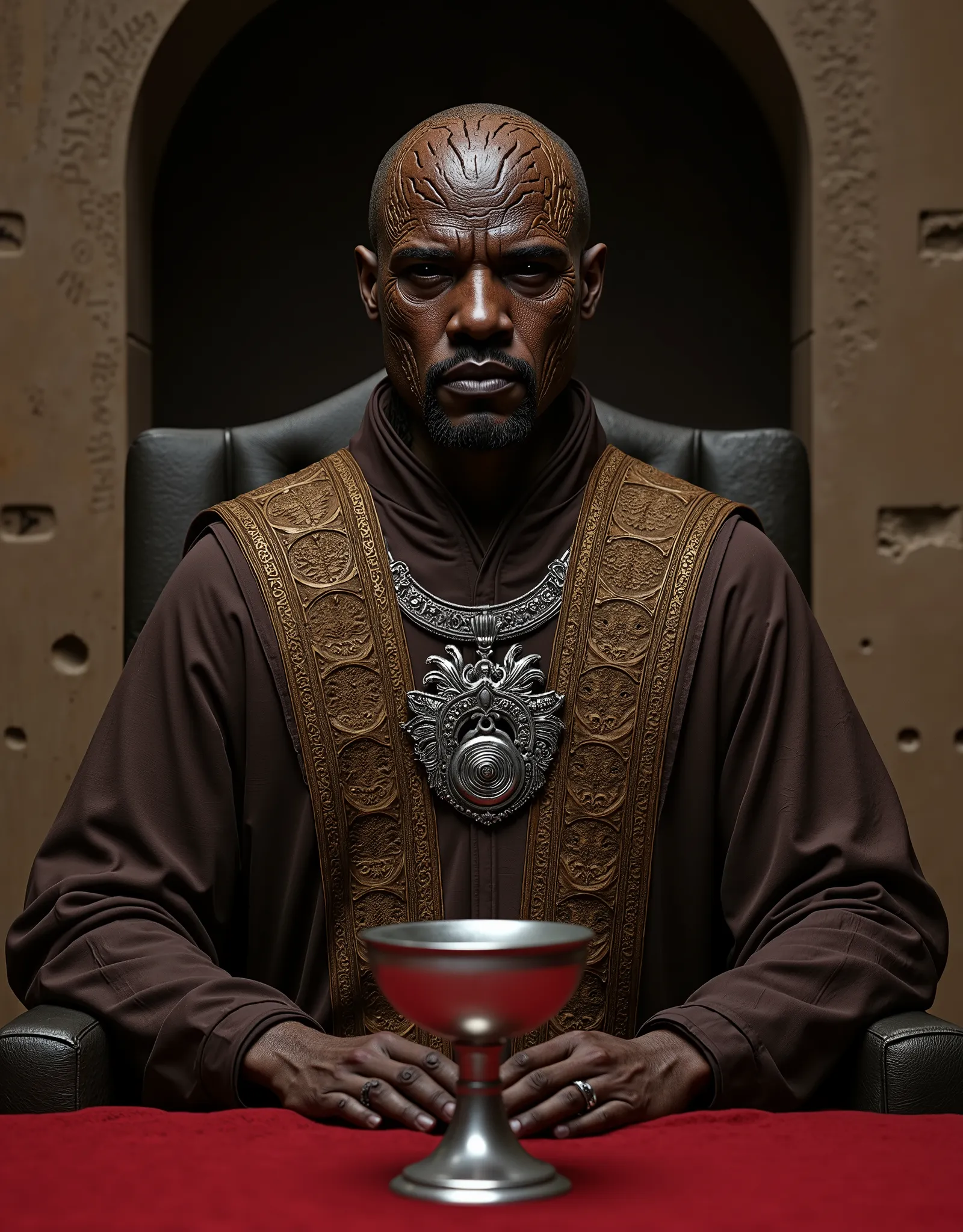 close up portrait of a black skinned african bald man with a goatee, seated in what appears to be a throne-like chair within a stone structure. He has a serious expression and is looking slightly off to his right. His eyes were completely black, with no vi...