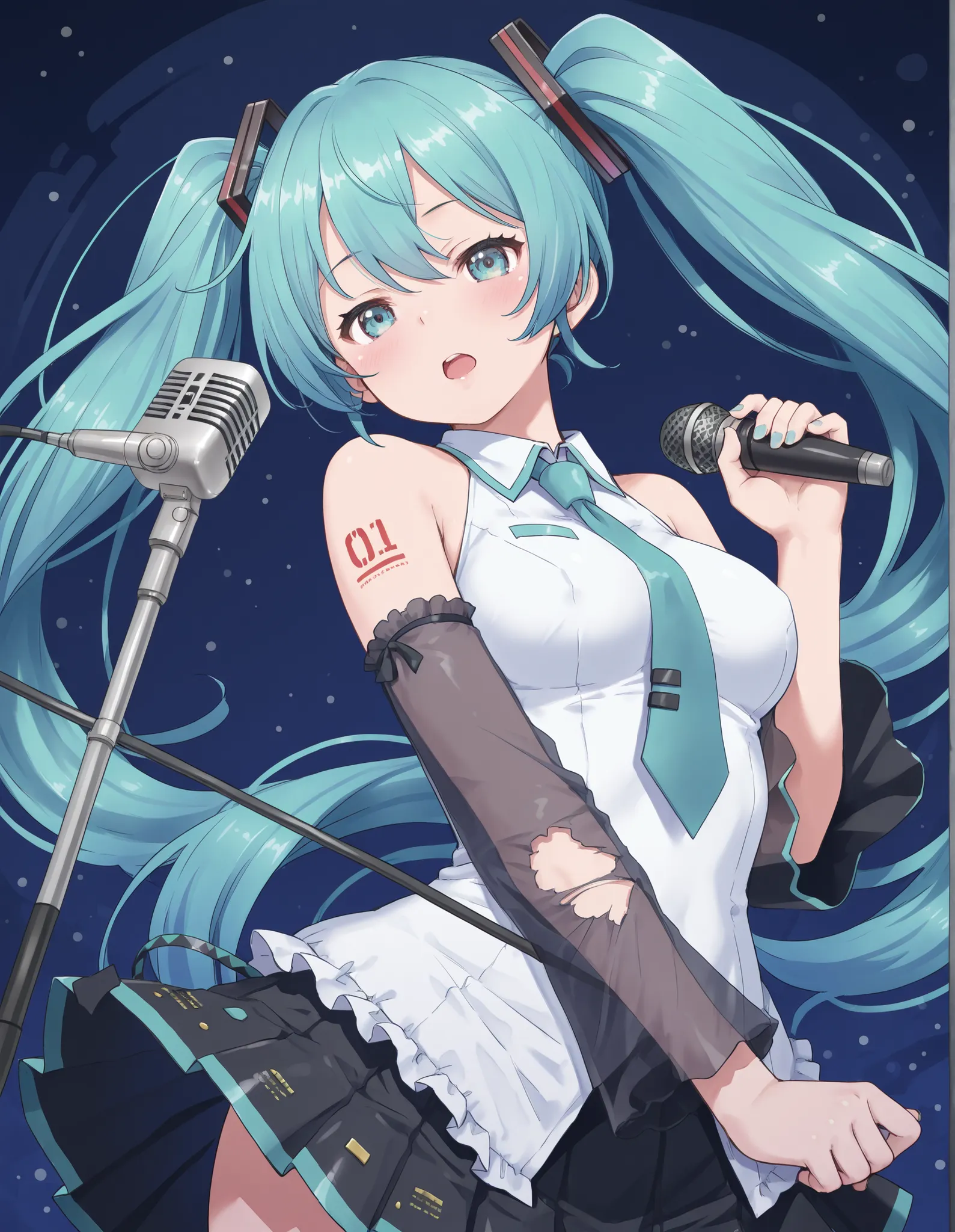1 girl, Hatsune Miku, White pupil, power factor, microphone, Vivid Blue Color Palette, abstract, abstract background, dreamy atmosphere, delicate linework , hair fluttering like the wind, energy
,masterpiece,Best Quality,great quality,