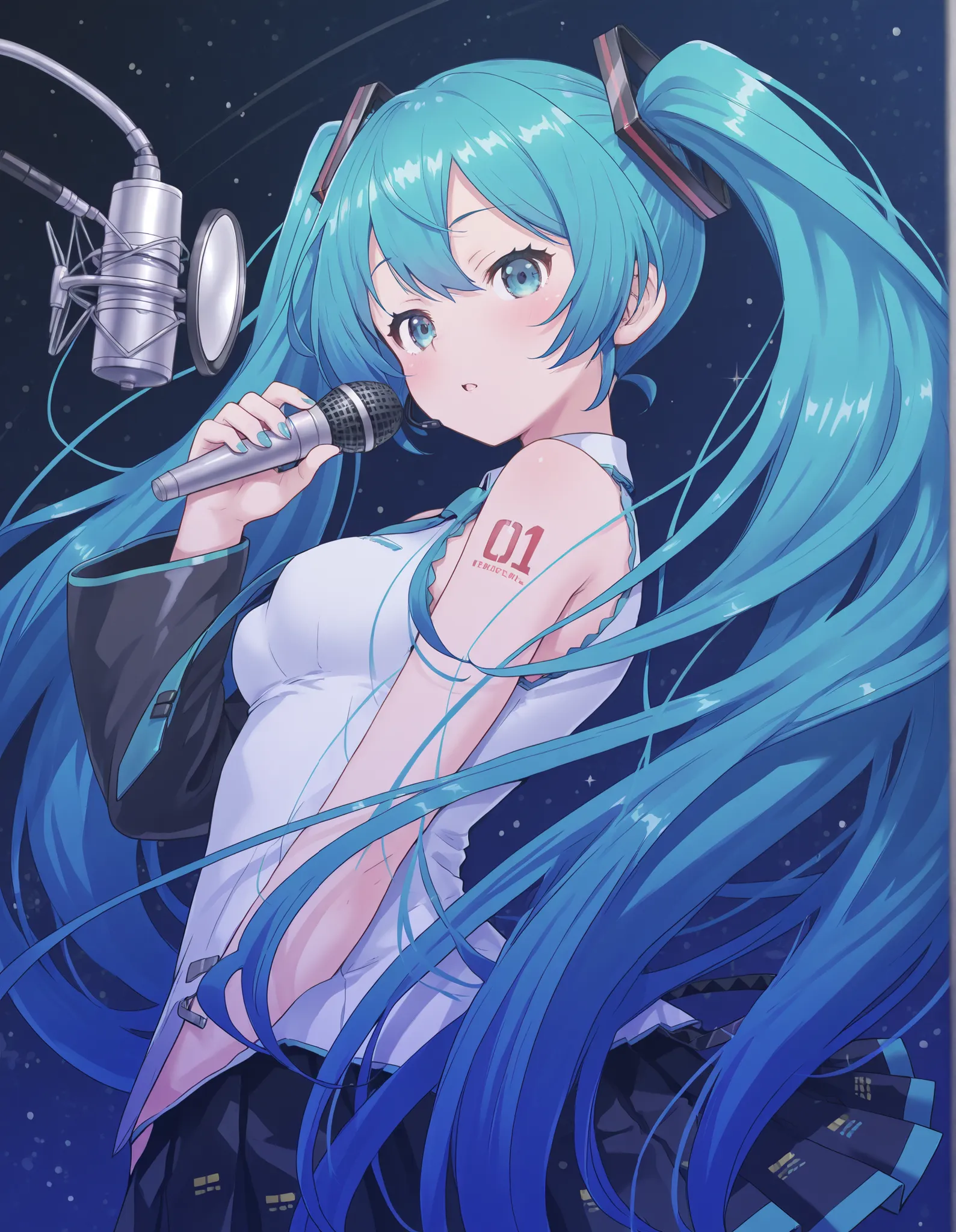 1 girl, Hatsune Miku, White pupil, power factor, microphone, Vivid Blue Color Palette, abstract, abstract background, dreamy atmosphere, delicate linework , hair fluttering like the wind, energy
,masterpiece,Best Quality,great quality,