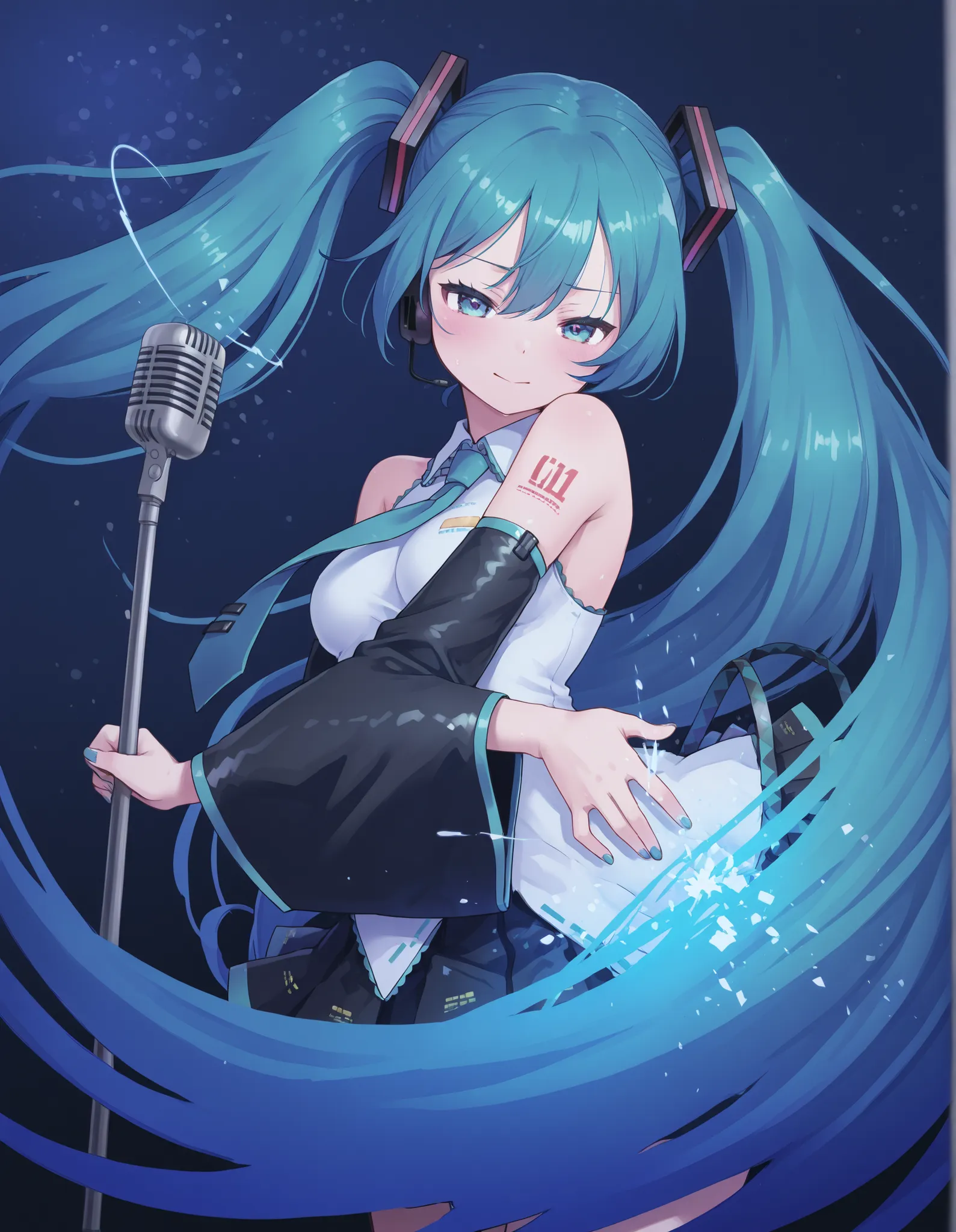 1 girl, Hatsune Miku, White pupil, power factor, microphone, Vivid Blue Color Palette, abstract, abstract background, dreamy atmosphere, delicate linework , hair fluttering like the wind, energy
,masterpiece,Best Quality,great quality,