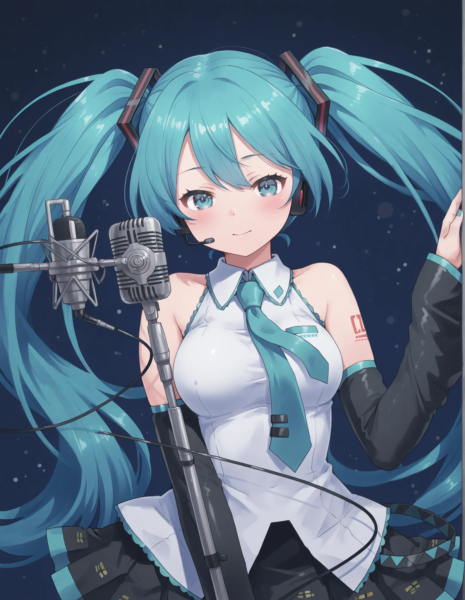 1 girl, Hatsune Miku, White pupil, power factor, microphone, Vivid Blue Color Palette, abstract, abstract background, dreamy atmosphere, delicate linework , hair fluttering like the wind, energy
,masterpiece,Best Quality,great quality,
