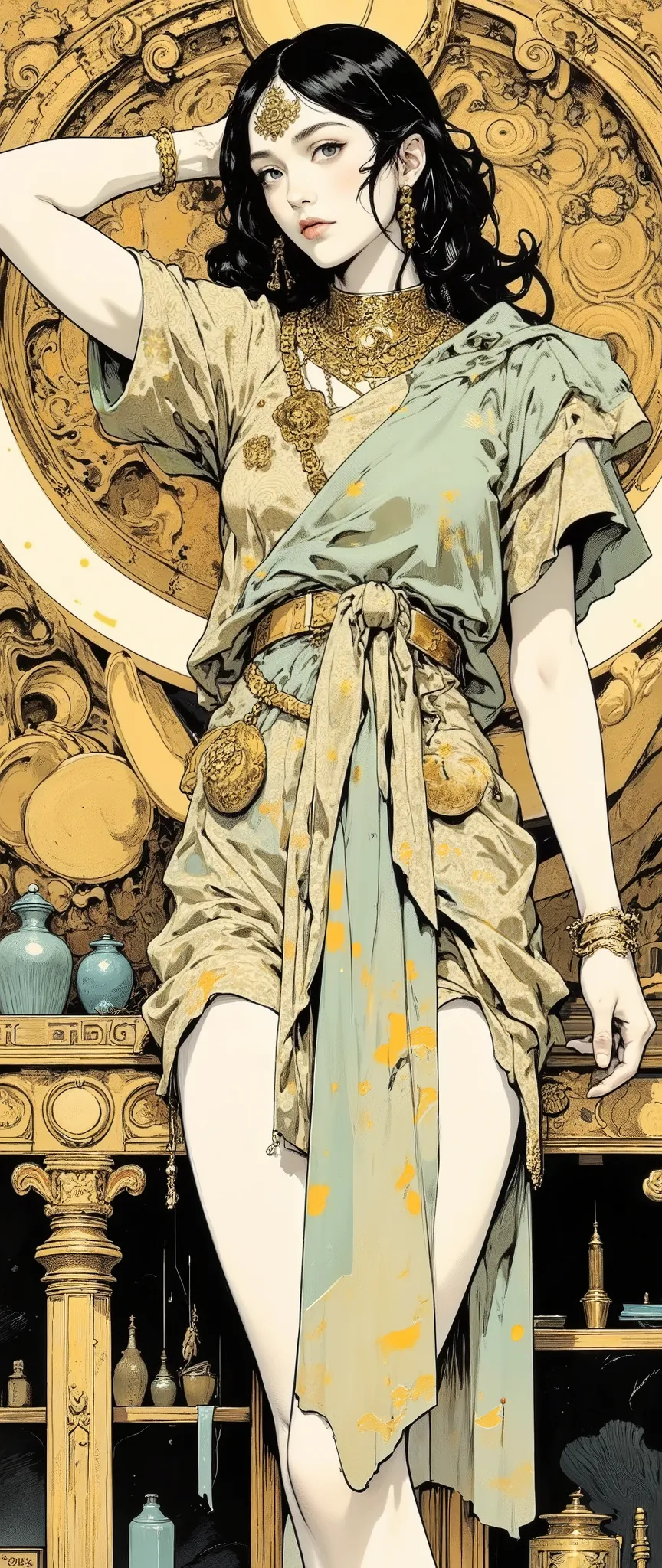 female,full body,heels,author:Works by Alphonse Mucha