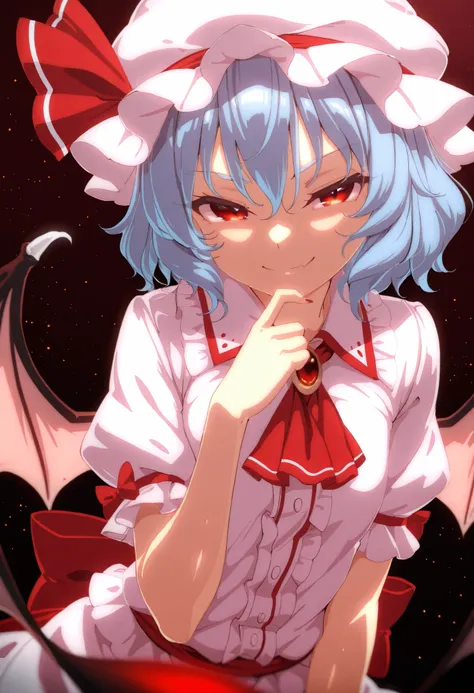 (masterpiece, best quality, high quality, highres, ultra-detailed), 1girl, simple background, light smile,  Theobrobine, abstract background, looking at viewer, zzRemilia, red eyes, blue hair, short hair, hat, ribbon, wings, ascot, hat ribbon, bat wings, s...