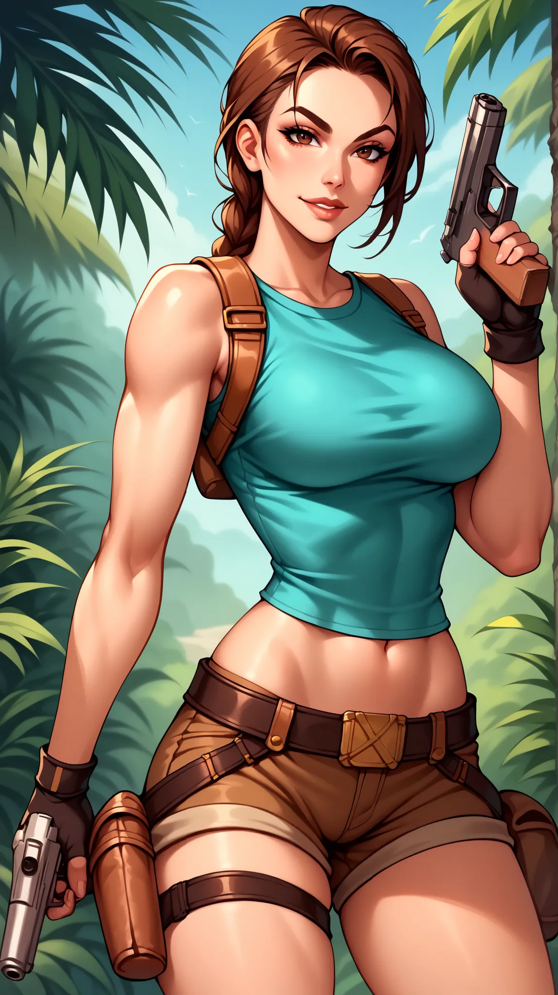 score_9, score_8_up, score_7_up,  source_anime,  BREAK solo, 1 girl,   TRLCLAS, brown hair, brown eyes, single braid, lips, teal tanktop, large breasts, sleeveless, shoulder strap, brown shorts, thigh holster,  seductive smile, looking at viewer, gun, hold...