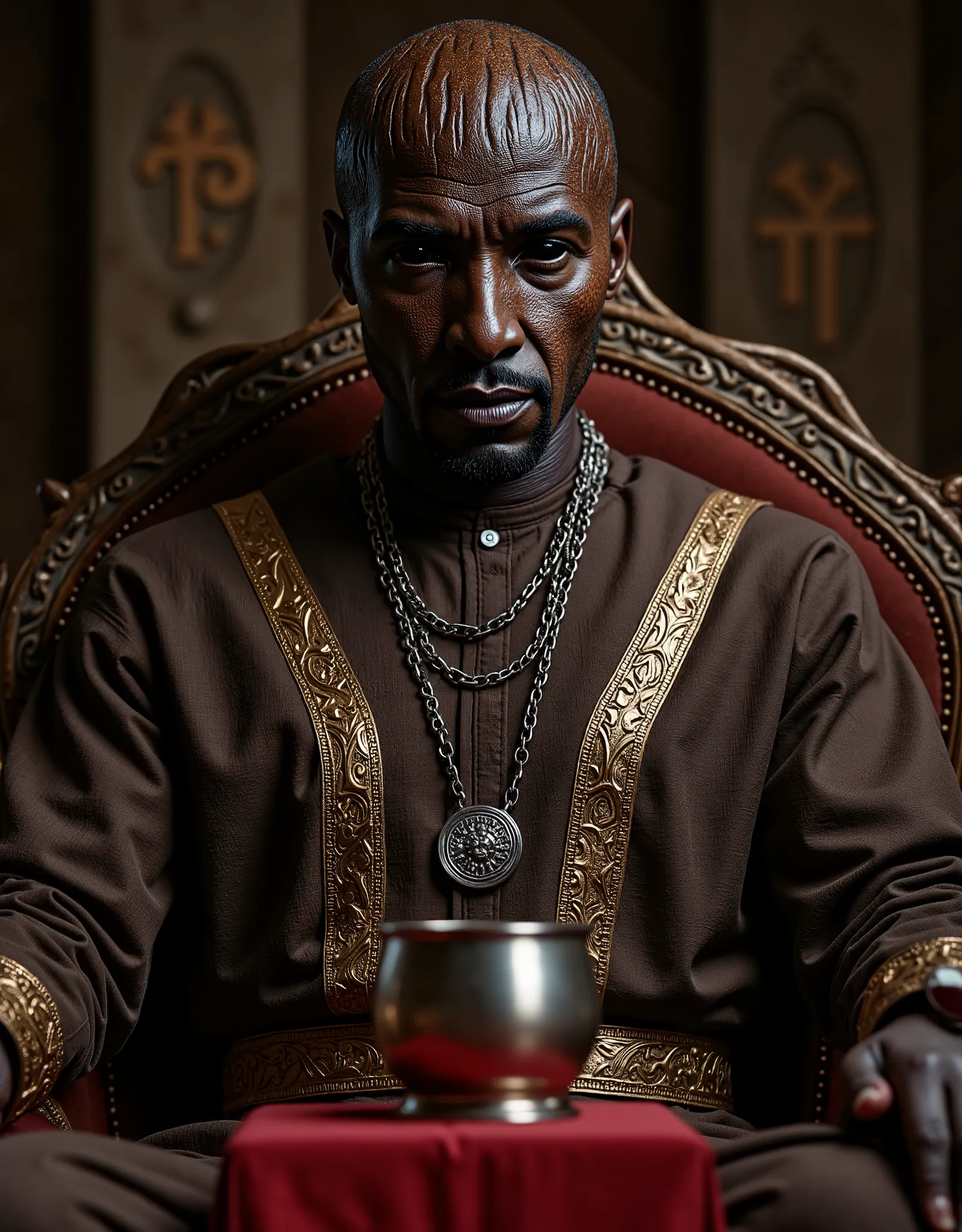 close up portrait of a black skinned african bald man with a goatee, seated in what appears to be a throne-like chair within a stone structure. He has a serious expression and is looking slightly off to his right. His eyes were completely black, with no vi...