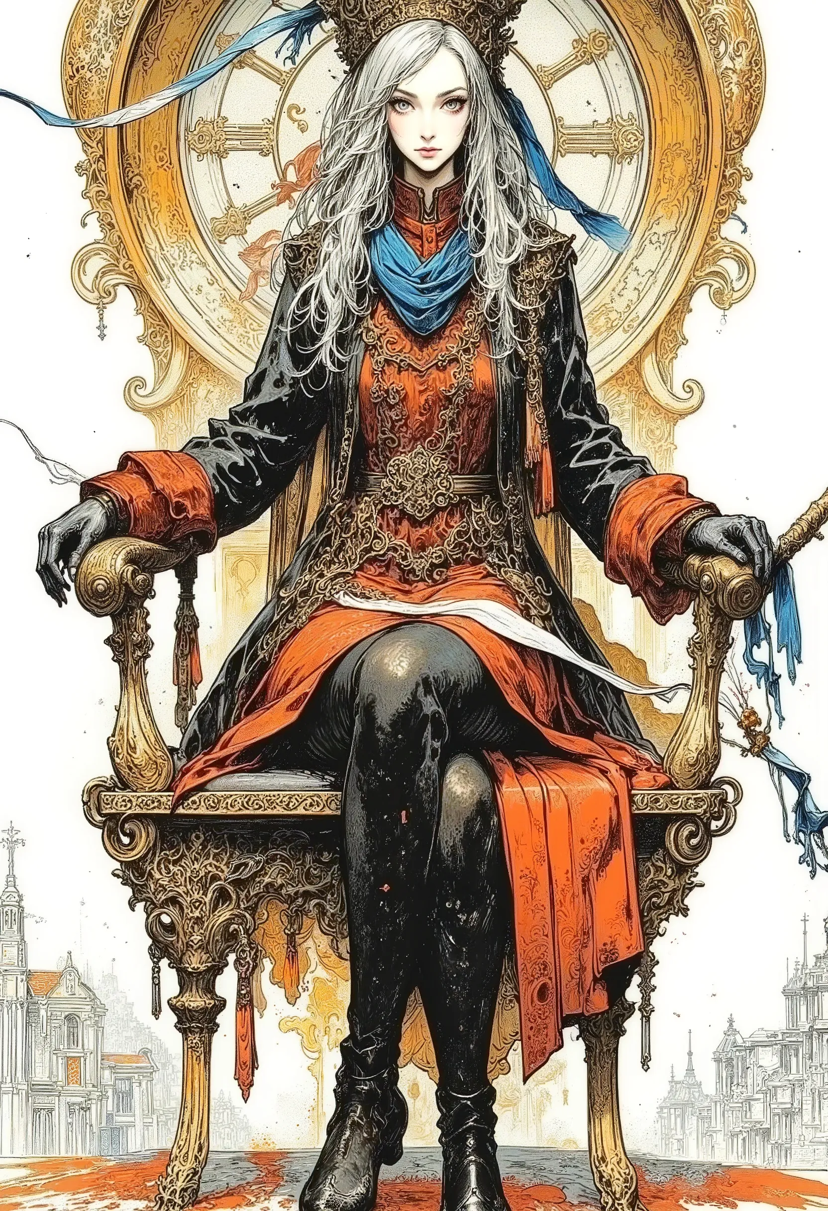 A female hunter sitting cross-legged on an antique chair with armrests,Aria from a clock tower, A Victorian-style hunter outfit with a black and deep red base, long silver hair(Her long silver hair is tied back)She is holding a sword, the blade of which i...