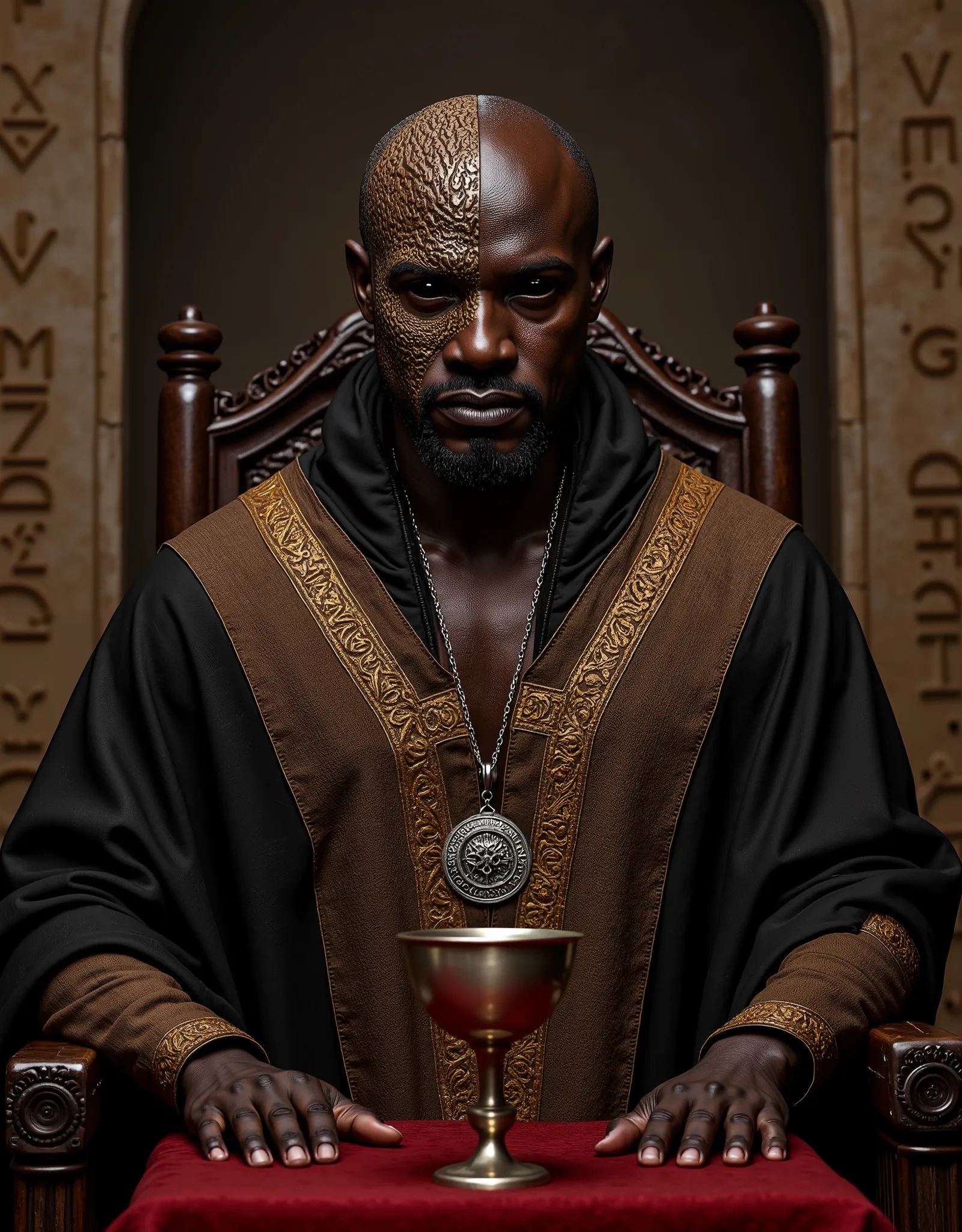 close up portrait of a black skinned african bald man with a goatee, seated in what appears to be a throne-like chair within a stone structure. He has a serious expression and is looking slightly off to his right. His eyes were completely black, with no vi...