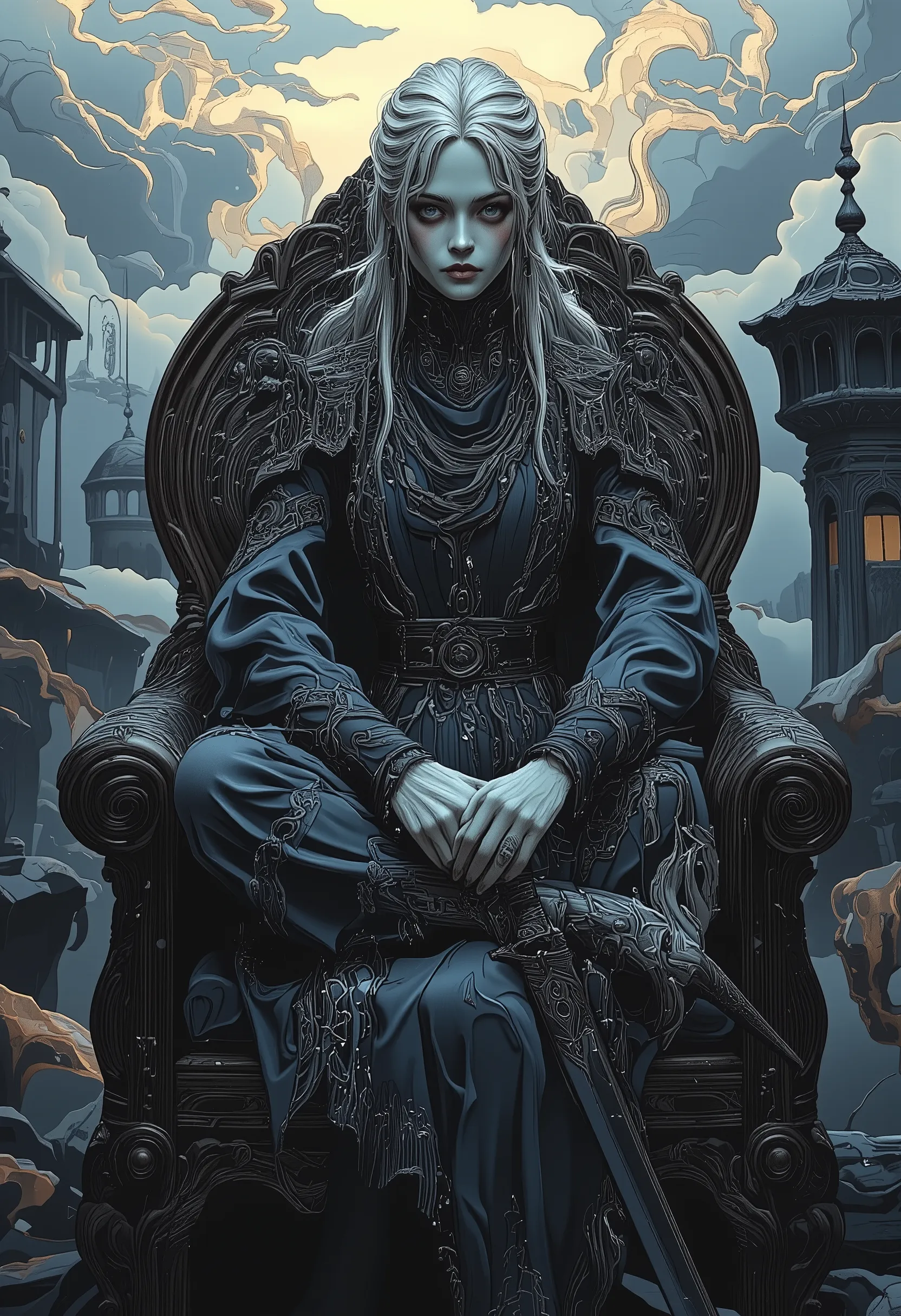 A female hunter sitting cross-legged on an antique chair with armrests,Aria from a clock tower, A Victorian-style hunter outfit with a black and deep red base, long silver hair(Her long silver hair is tied back)She is holding a sword, the blade of which is...