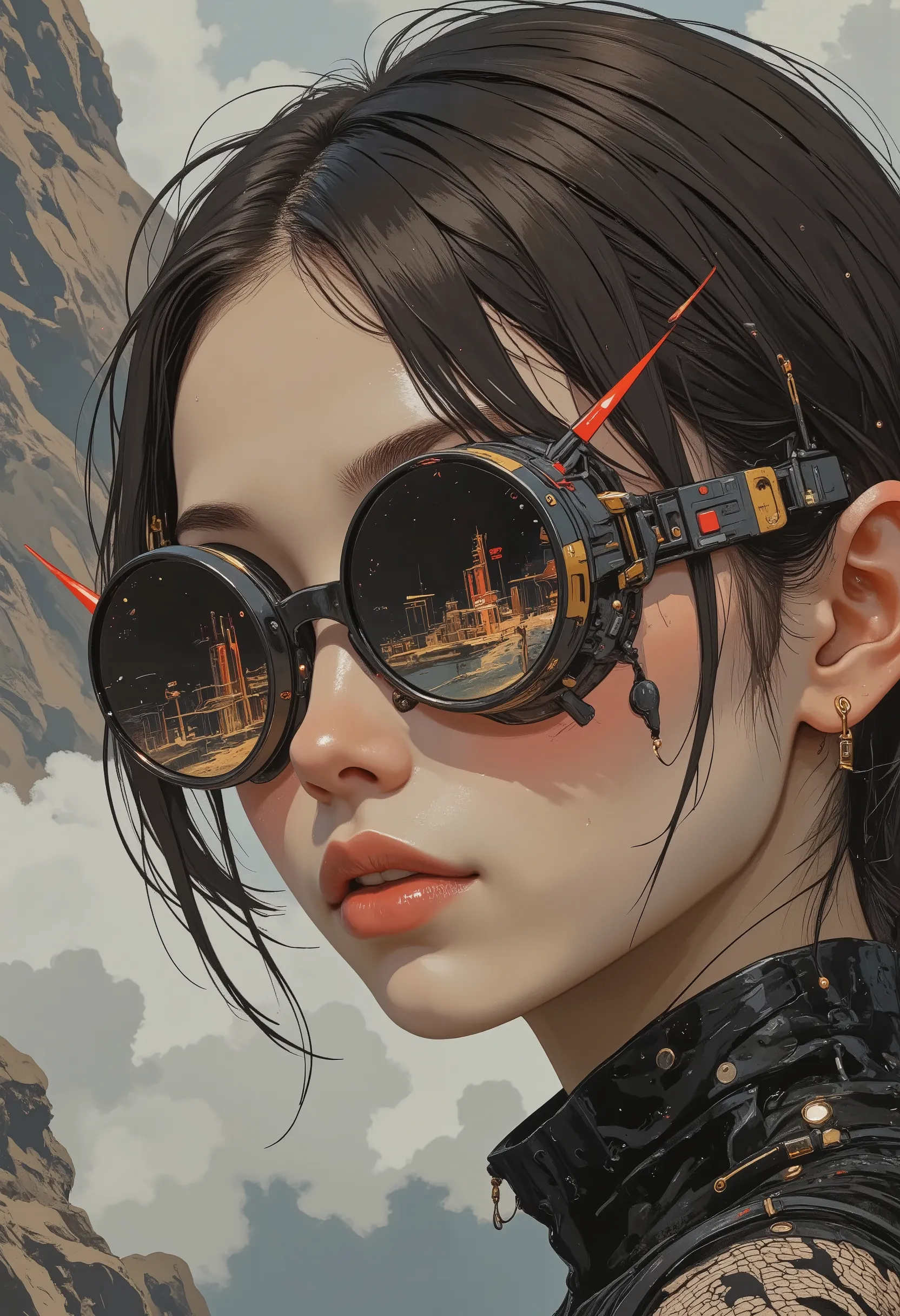 8 k, masterpiece, high quality, close-up, , young, smooth skin, well-defined eyebrows, , full pink coral lips, , pulled back , wears large round black-framed glasses with sparkling miniature landscape dioramas in lenses, with glowing red dots, and metallic...