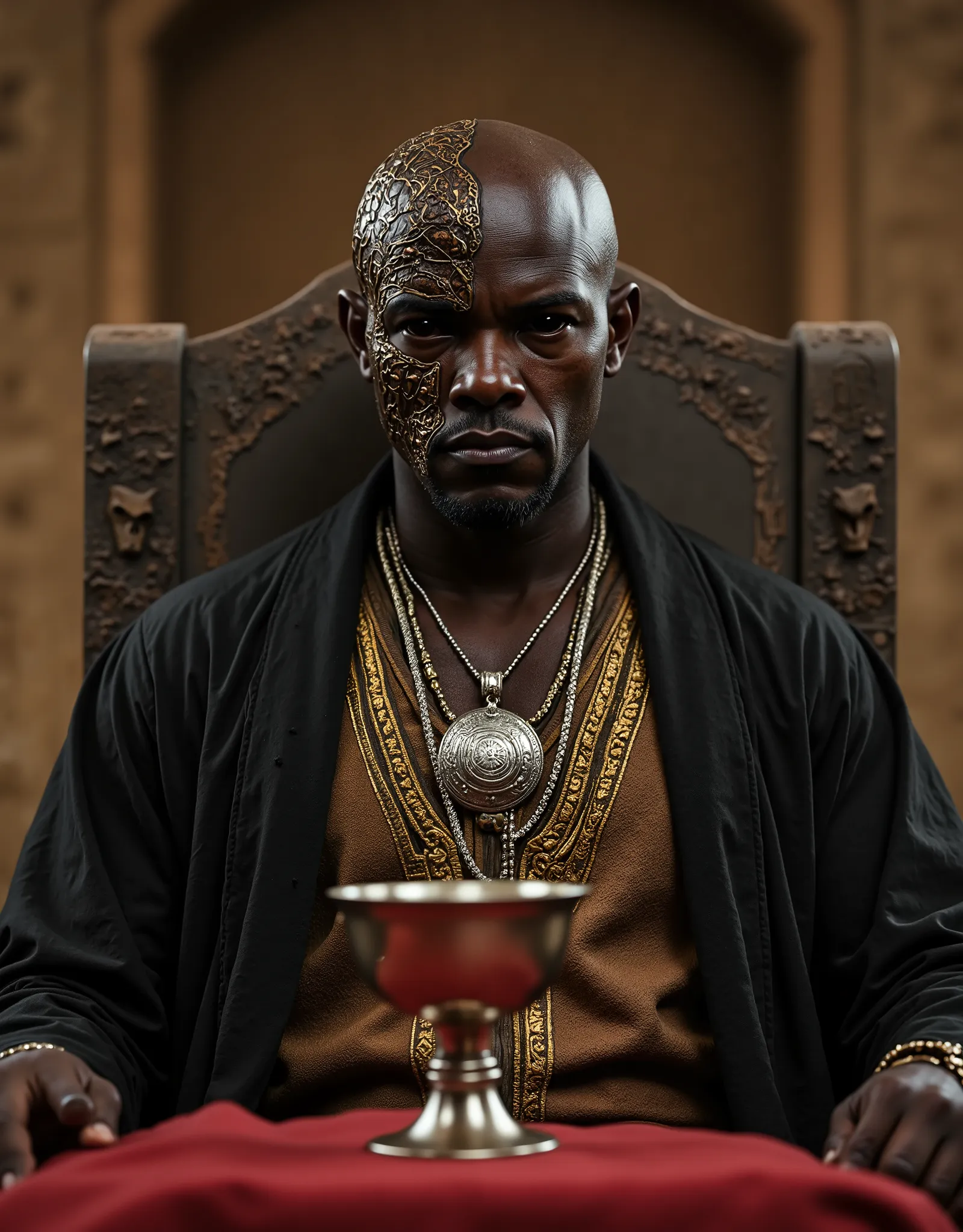close up portrait of a black skinned african bald man, seated in what appears to be a throne-like chair within a stone structure. He has a serious expression and is looking slightly off to his right. His eyes were completely black, with no visible iris or ...