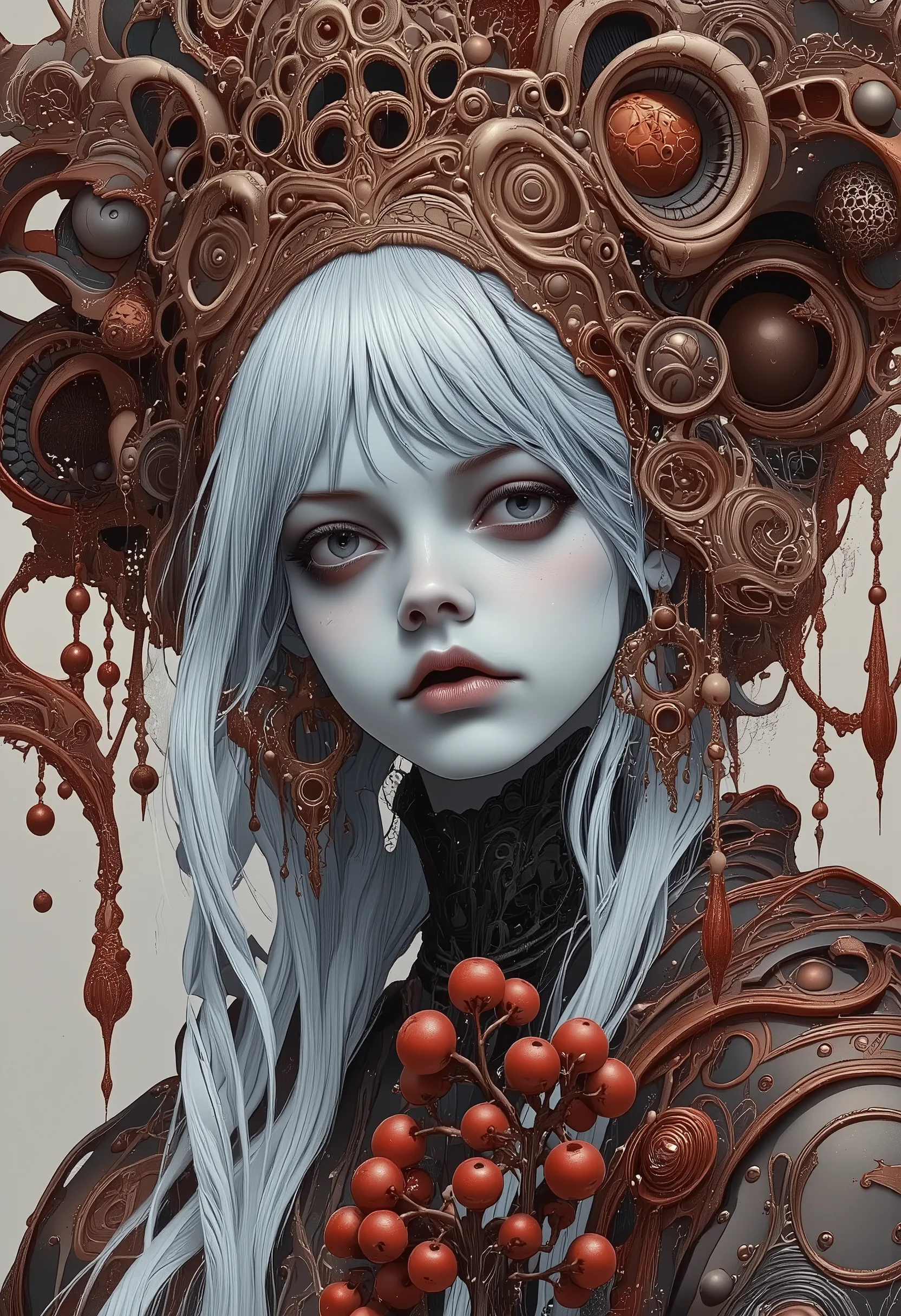 Portrait of a beautiful pale girl with long white hair, in a complex red and white headdress, a crow, holds red rowan berries, Complex lace details, watercolor painting, soft lighting, thin brush strokes, fantasy art, gorgeous, bizarre, bright colors, high...