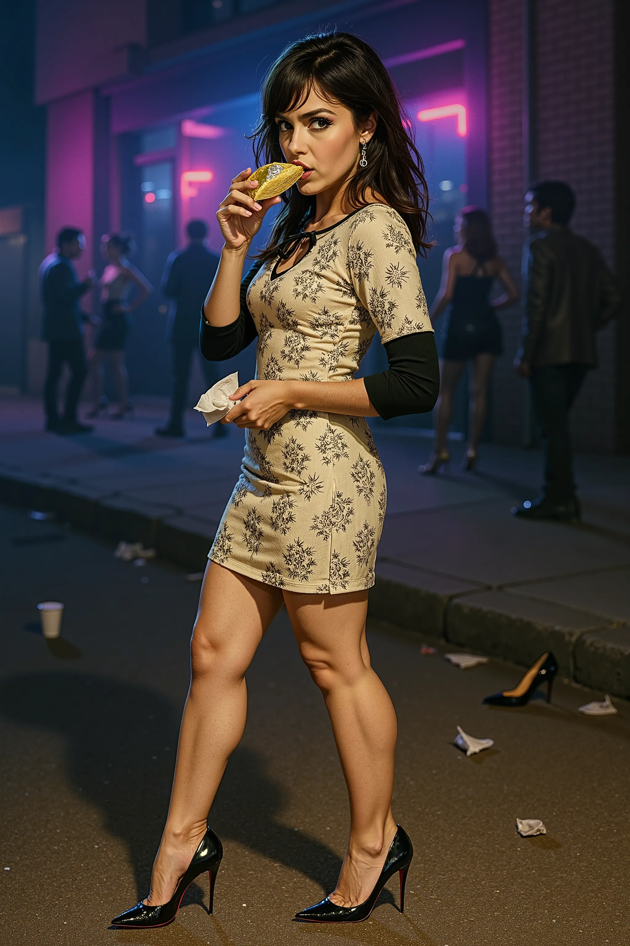 Shot from the distance, full body shot from head to toe, vertical 9:16 aspect ratio. A young woman stands outside a retro-style nightclub at night, caught mid-bite as she eats a taco with fierce elegance. The angle is a 3/4 side view — showing her body fro...