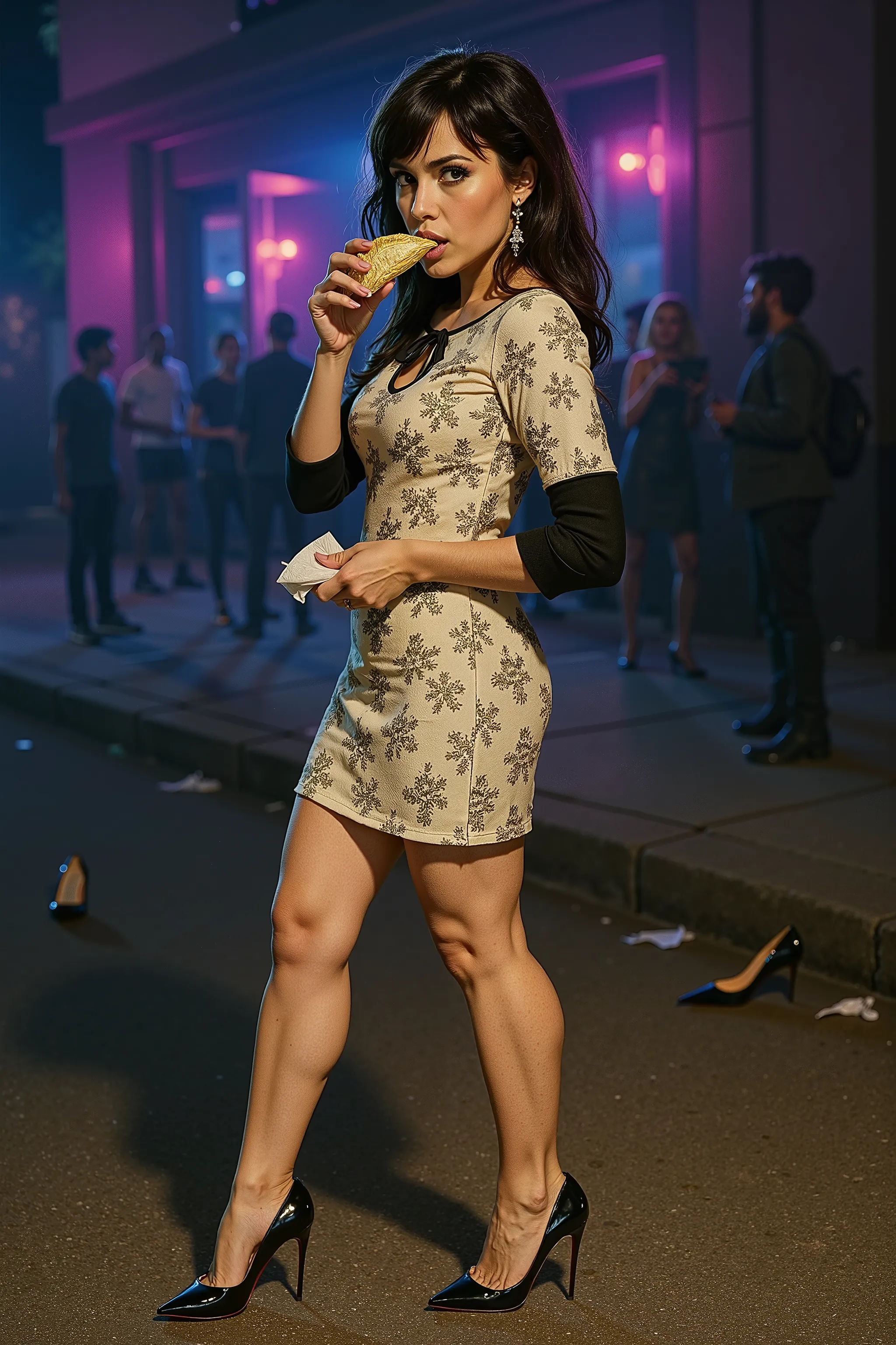 Shot from the distance, full body shot from head to toe, vertical 9:16 aspect ratio. A young woman stands outside a retro-style nightclub at night, caught mid-bite as she eats a taco with fierce elegance. The angle is a 3/4 side view — showing her body fro...