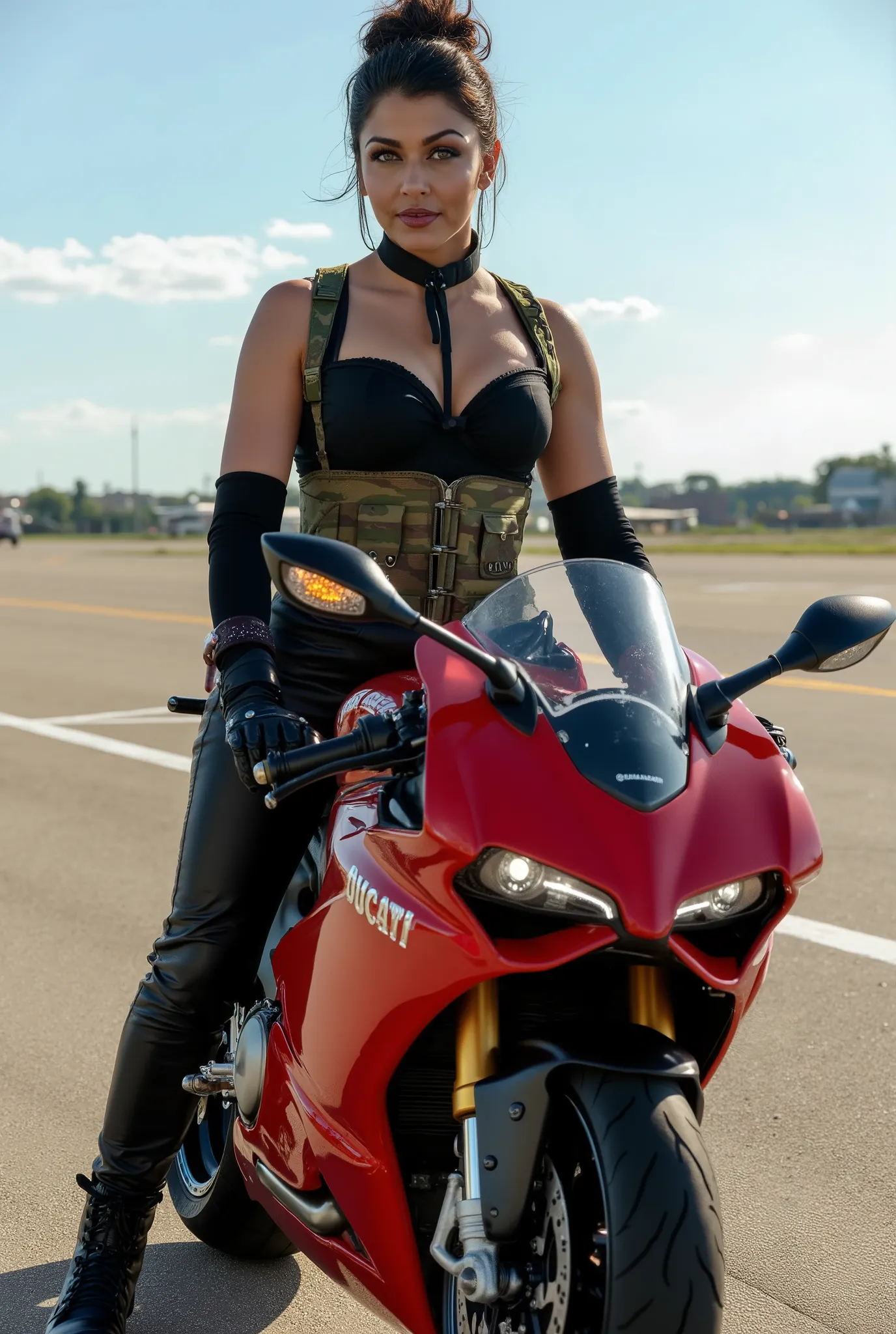 Full body photo of 50YO MATURE MILF AISHWARYA RAI as a SEXY ARMY MILF COMMANDO, WEARING (((BLACK TIGHT LEATHER PANTS WITH CORSET TANK TOP EXPOSING CLEAVAGE AND MID RIFF))), ((((DARK SMOKY EYE MAKEUP WITH ARCHED EYEBROWS)))), COMBAT BOOTS, COMBAT GLOVES, KN...