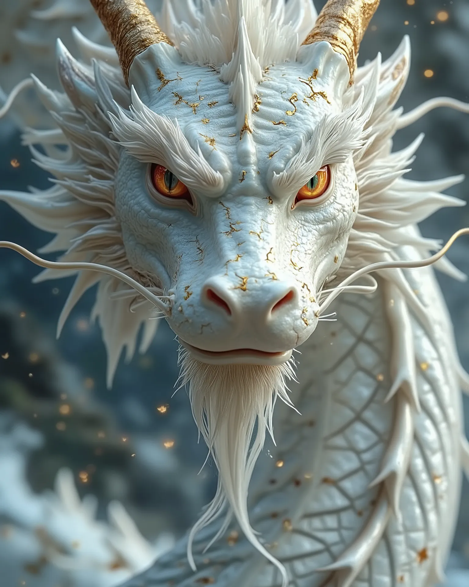 An extreme close-up of a colossal porcelain dragon flying directly toward the camera, its enormous head and upper body dominating the frame. The dragon is made entirely of smooth, glossy white porcelain, adorned with intricate, radiant golden kintsugi crac...