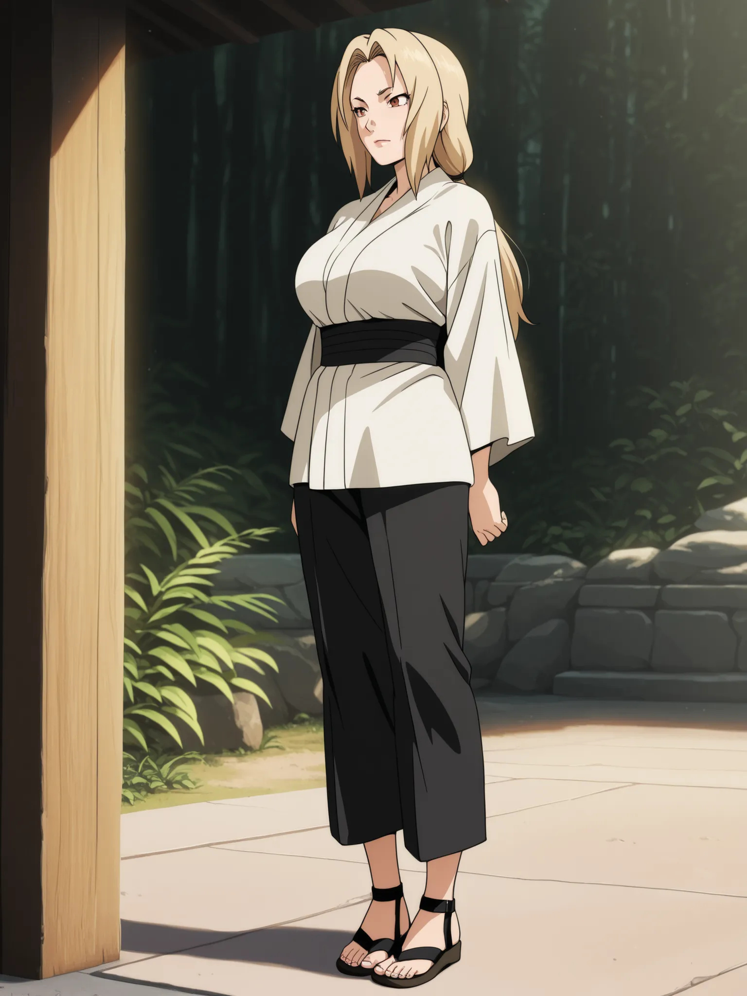 (masterpiece, best quality, anime style, ultra detailed, 8k, full body view of Tsunade Senju standing in a tranquil outdoor setting, mature woman with long blonde hair, wearing her usual outfit: short white kimono, black pants, and open-toed sandals, arms ...