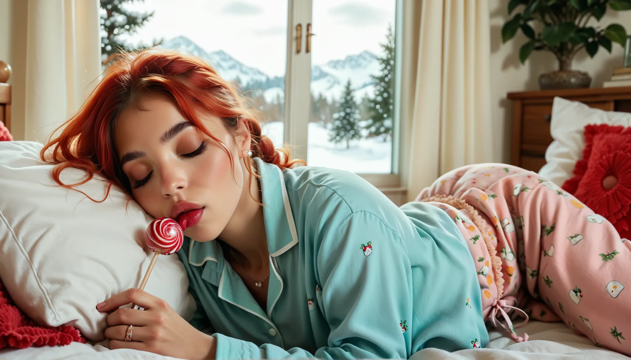 Close on the woman's face, totally facing the observer, she is a beautiful red-haired WOMAN who is sucking a red lollipop ball, Very close to the observer, An 18-year-old young woman, she is dressed in her (((pijama sexy))), (((pajama shirt and short pajam...