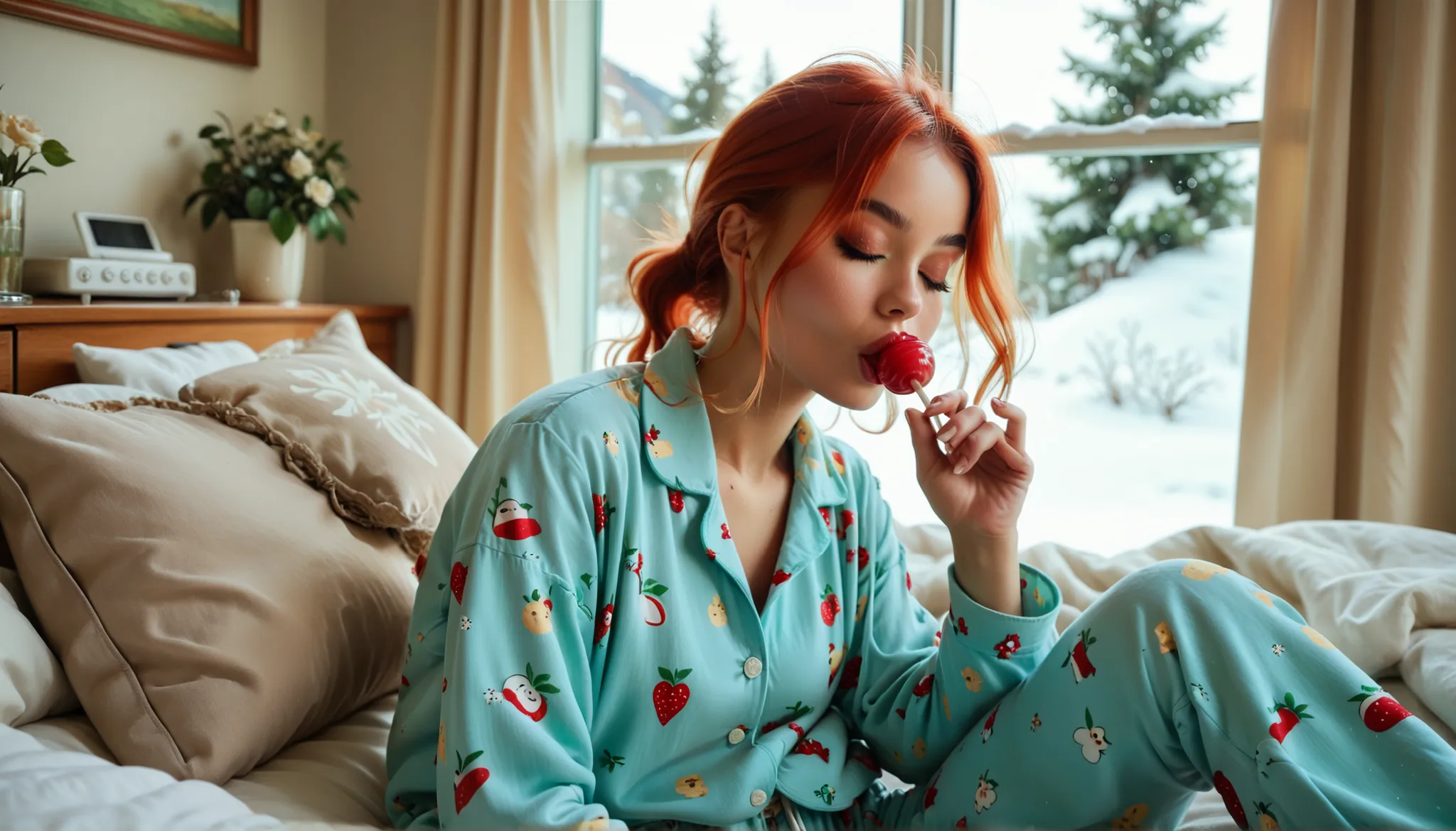 Close on the woman's face, totally facing the observer, she is a beautiful red-haired WOMAN who is sucking a red lollipop ball, Very close to the observer, An 18-year-old young woman, she is dressed in her (((pijama sexy))), (((pajama shirt and short pajam...