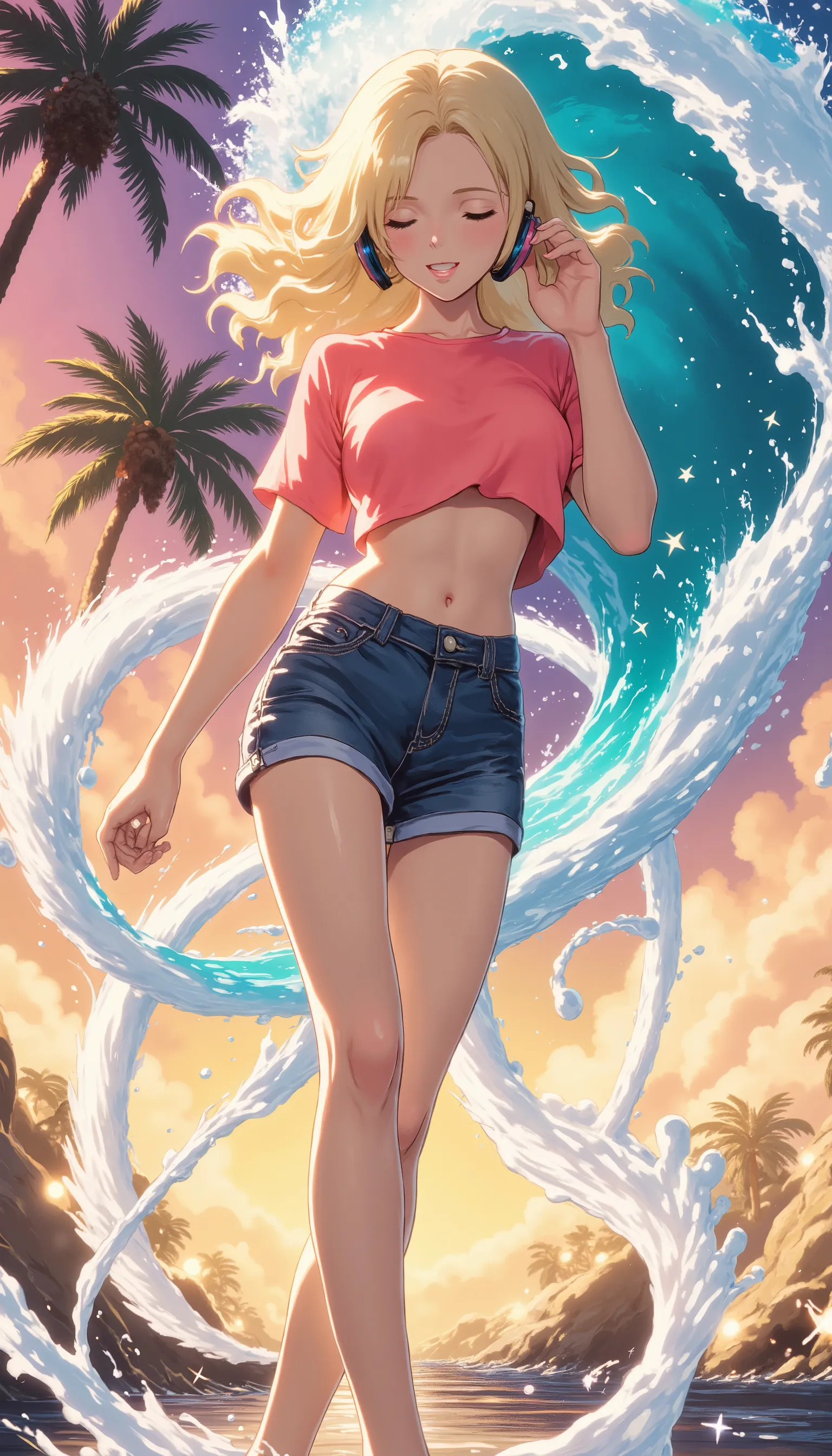 sun‑kissed young anime woman with wavy, beach‑blonde hair, wearing a loose coral‑pink crop top, denim shorts, barefoot in wet sand. She holds one wireless headphone to her ear, eyes half‑closed, smiling in rhythm. Turquoise wave splashes behind, forming st...