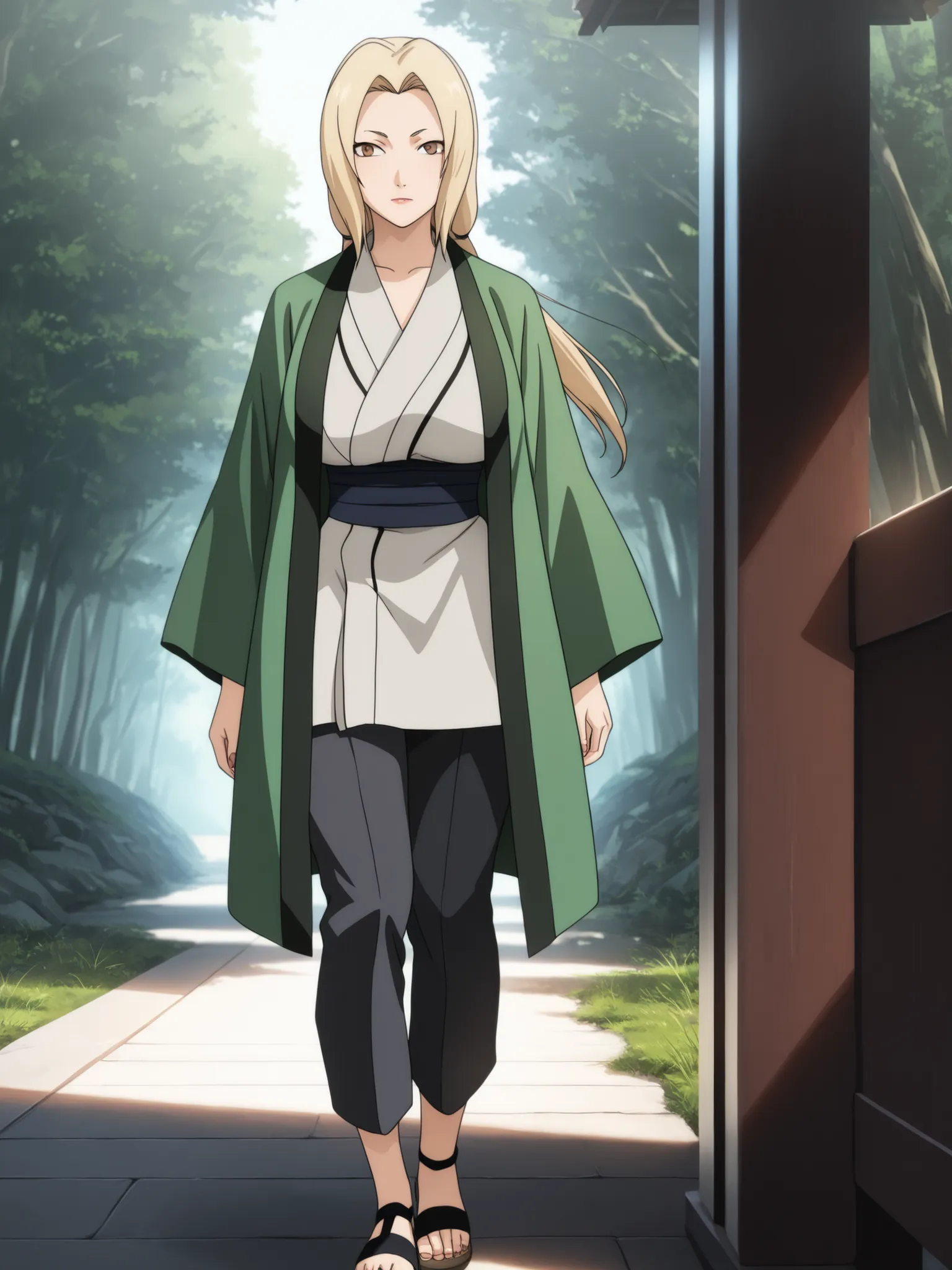 (masterpiece, best quality, anime style, ultra-detailed, 8k, 1girl, full-body view of Tsunade Senju standing in a peaceful outdoor setting, Tsunade is a mature woman with long blonde hair, wearing her usual outfit: short white kimono, black pants, green ha...