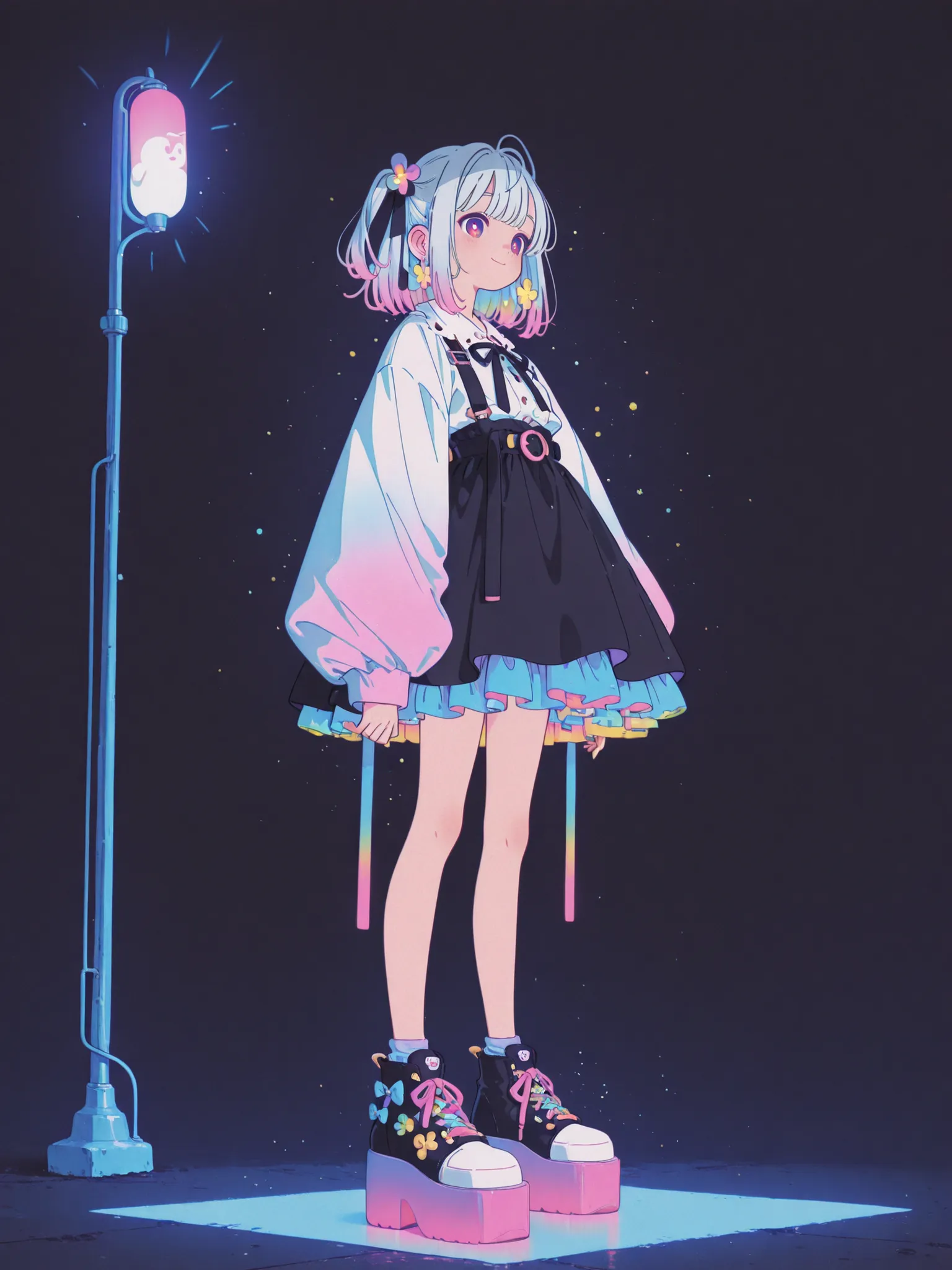 “a cheerful anime-style virtual girl with silver hair and black gradient tips, dressed in colorful harajuku fashion with layered skirts, oversized accessories, and platform shoes, dreamy lighting, pastel and neon tones, background of a vibrant Harajuku str...