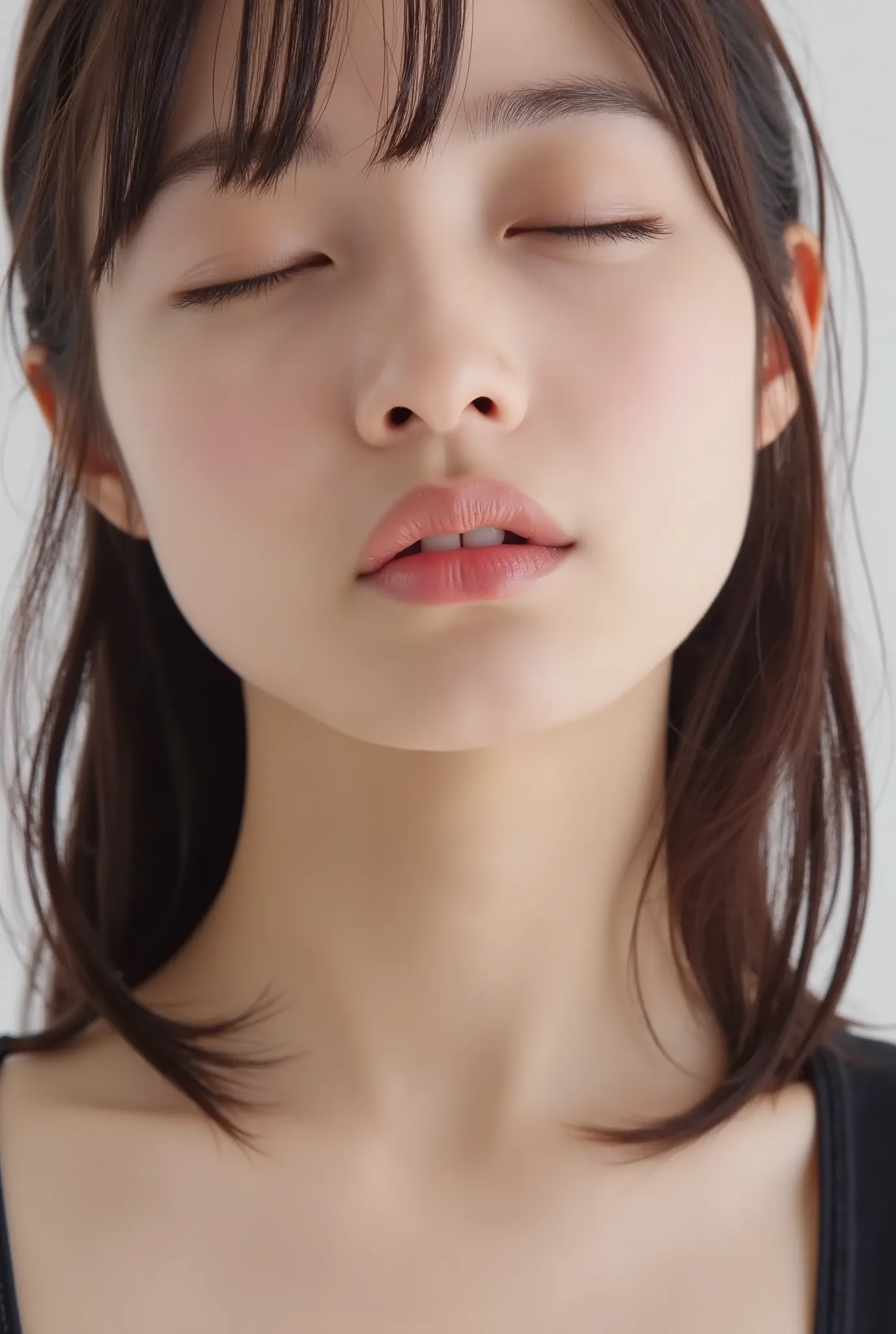An ultra close-up of a stunning Japanese woman with glossy, puckered lips glowing with highlights, softly parted for a kiss. Her eyes half-closed in a dreamy, loving upward gaze, face tilted slightly downward, chin softly tucked in, making direct eye conta...