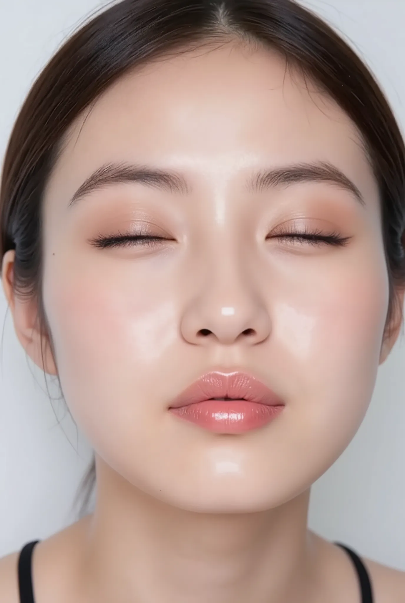 An ultra close-up of a stunning Japanese woman with glossy, puckered lips glowing with highlights, softly parted for a kiss. Her eyes half-closed in a dreamy, loving upward gaze, face tilted slightly downward, chin softly tucked in, making direct eye conta...