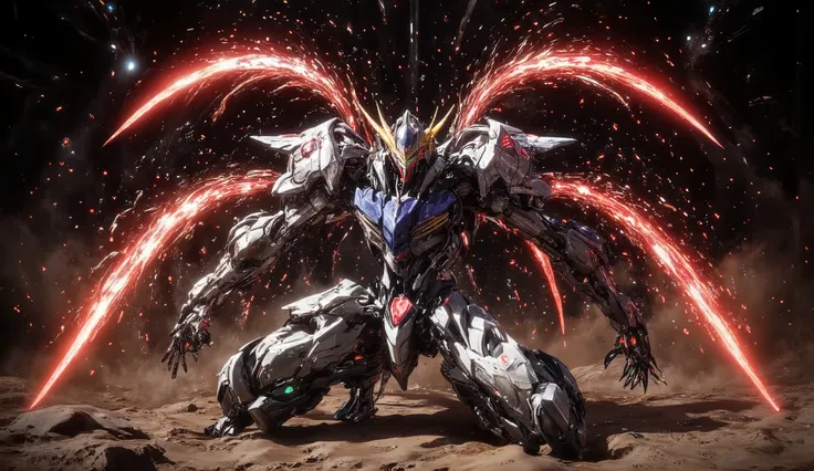 Hyperrealism, photographic, from an action scene with a dynamic angle shot, using Mech01, Meca, science_factor_Core. Gundam_Barbatos, B4RBAT0S, on a Martian battlefield, red arena, red guns. Mobile Suit Barbatos is collecting energy for a final attack, man...