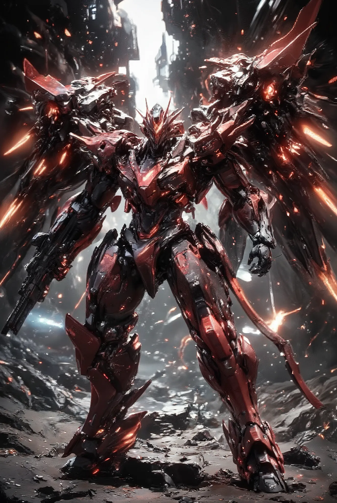 Hyperrealism, photographic, from an action scene with a dynamic angle shot, using Mech01, Meca, science_factor_Core. Gundam_Barbatos, B4RBAT0S, on a Martian battlefield, red arena, red guns. Mobile Suit Barbatos is collecting energy for a final attack, man...