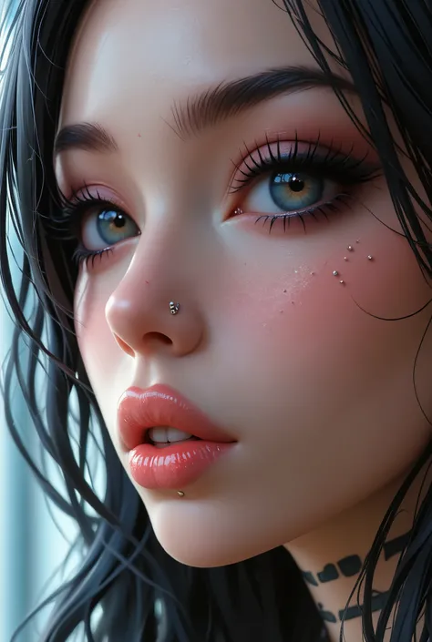 ((zentriertes Bild , a close-up of a beautiful woman with exaggerated facial features, caricaturized in kawaii style: 1.52 , thick and full lips with kissable glitter ,  large with glitter and reflections  ,  false eyelashes and long eyes : 1.5 , beautiful...