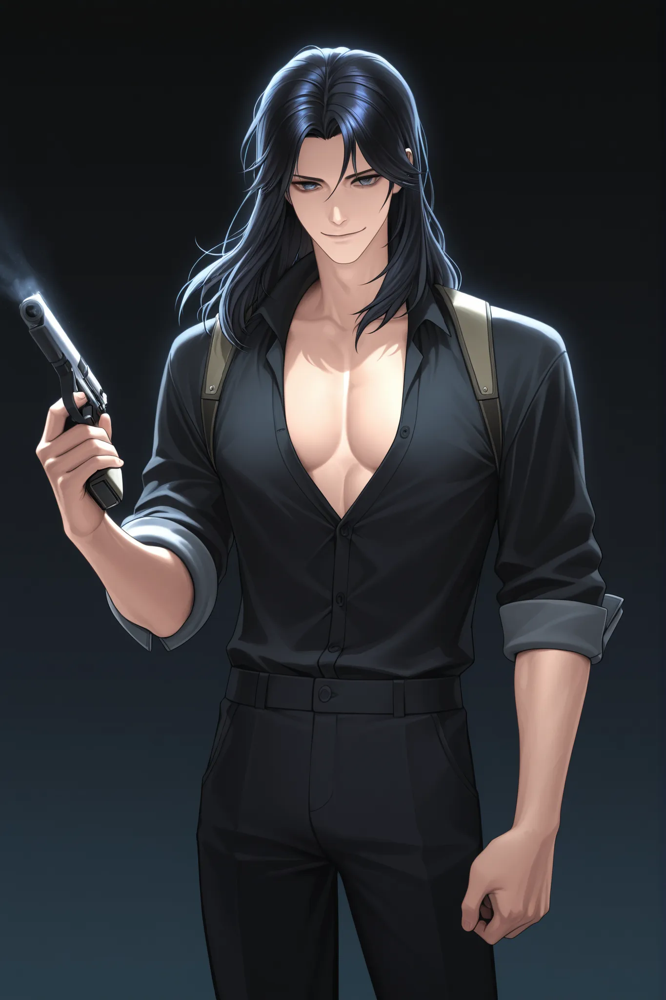 Junyoung (The Strategist): slender body. Tall. Cold. Mastermind smile. Black shirt. Rolled sleeves. 2 front button open. Slightly exposed chest. Black pants. Gun on hand. Calm. Calculated. Composed vibe. Genius. Average Korean hair with middle part.  
  