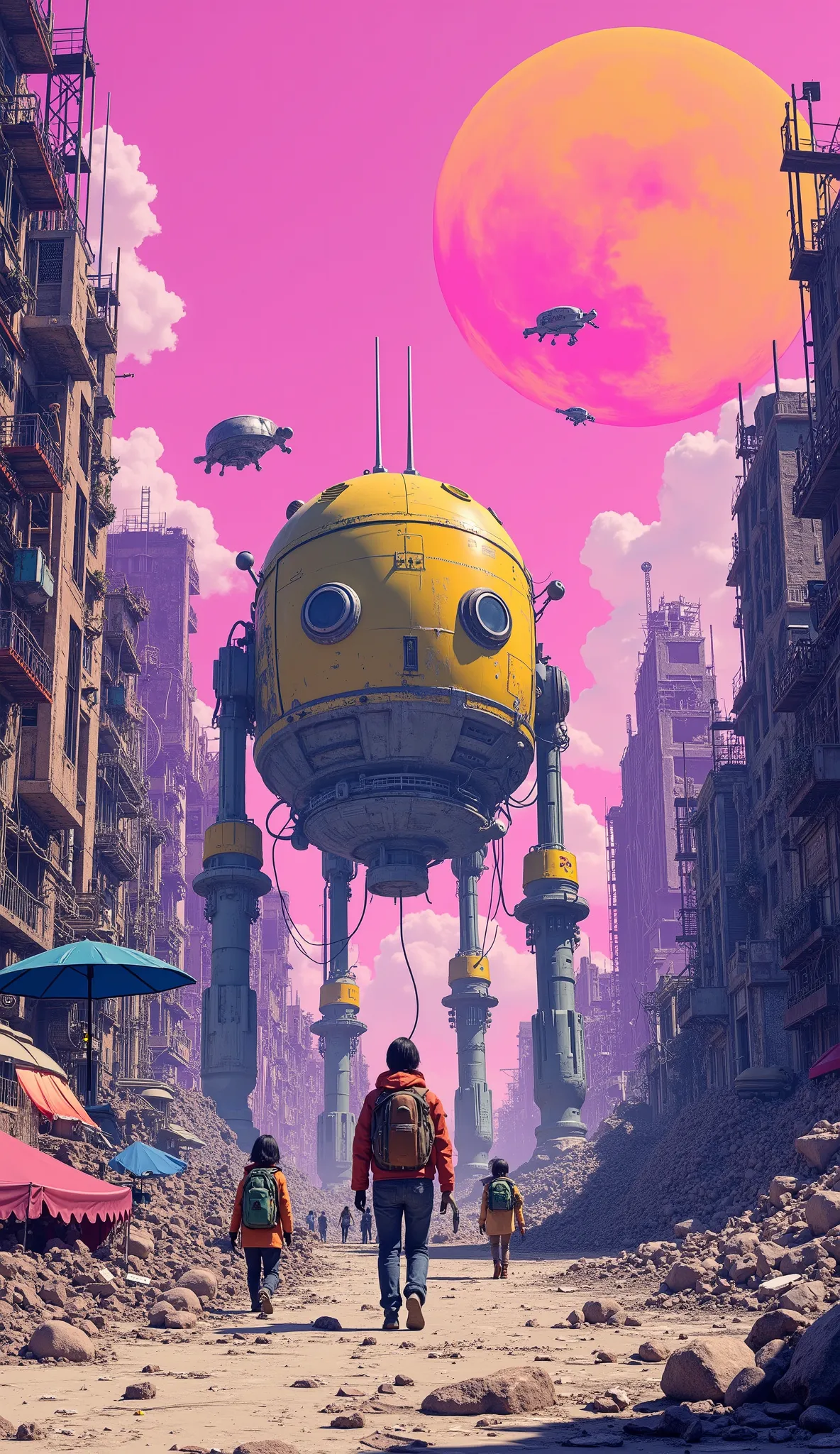A surreal post-apocalyptic cityscape with vibrant pink skies and two massive suns glowing in the background. The scene features a large, retro-futuristic robot walking through a chaotic urban environment filled with debris, broken electronics, and abandone...